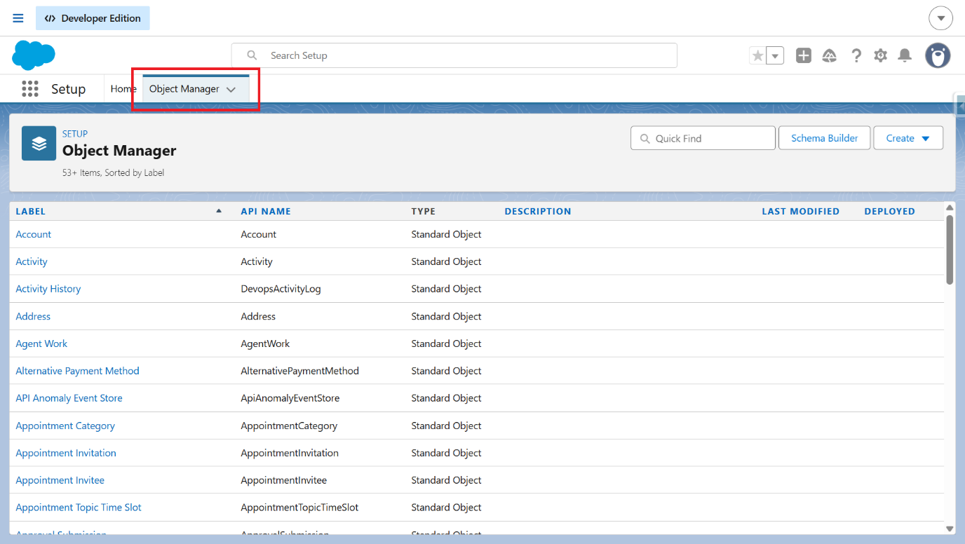 Salesforce Setup with Object Manager selected