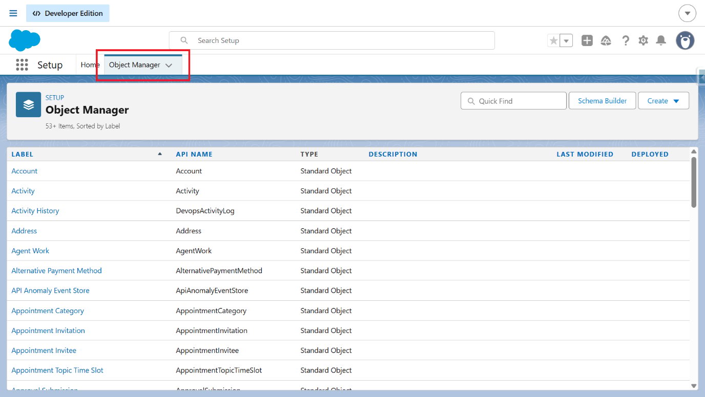 Salesforce Setup with Object Manager selected