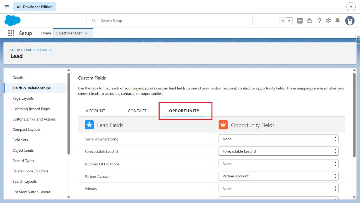 Map Lead Fields page with the Opportunity tab selected