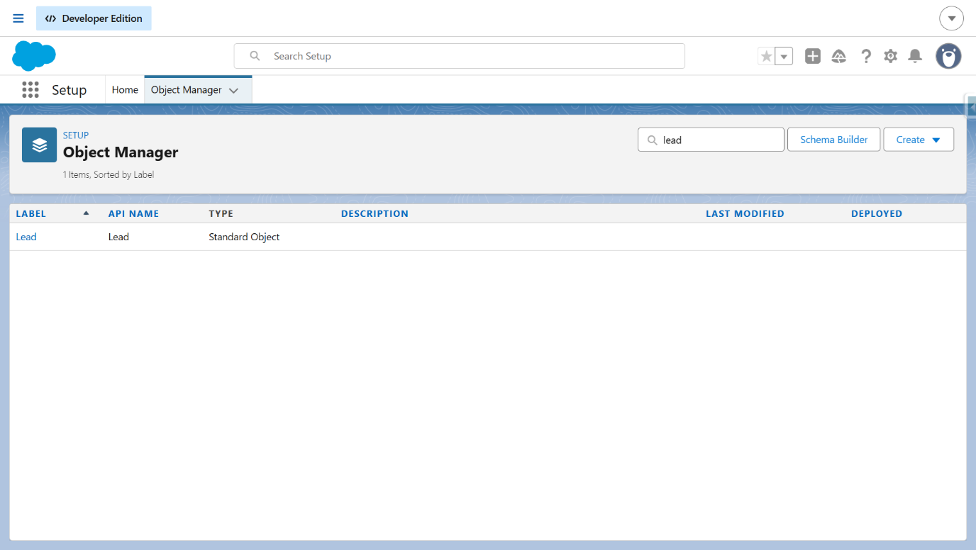 Object Manager Quick Find with Lead selected