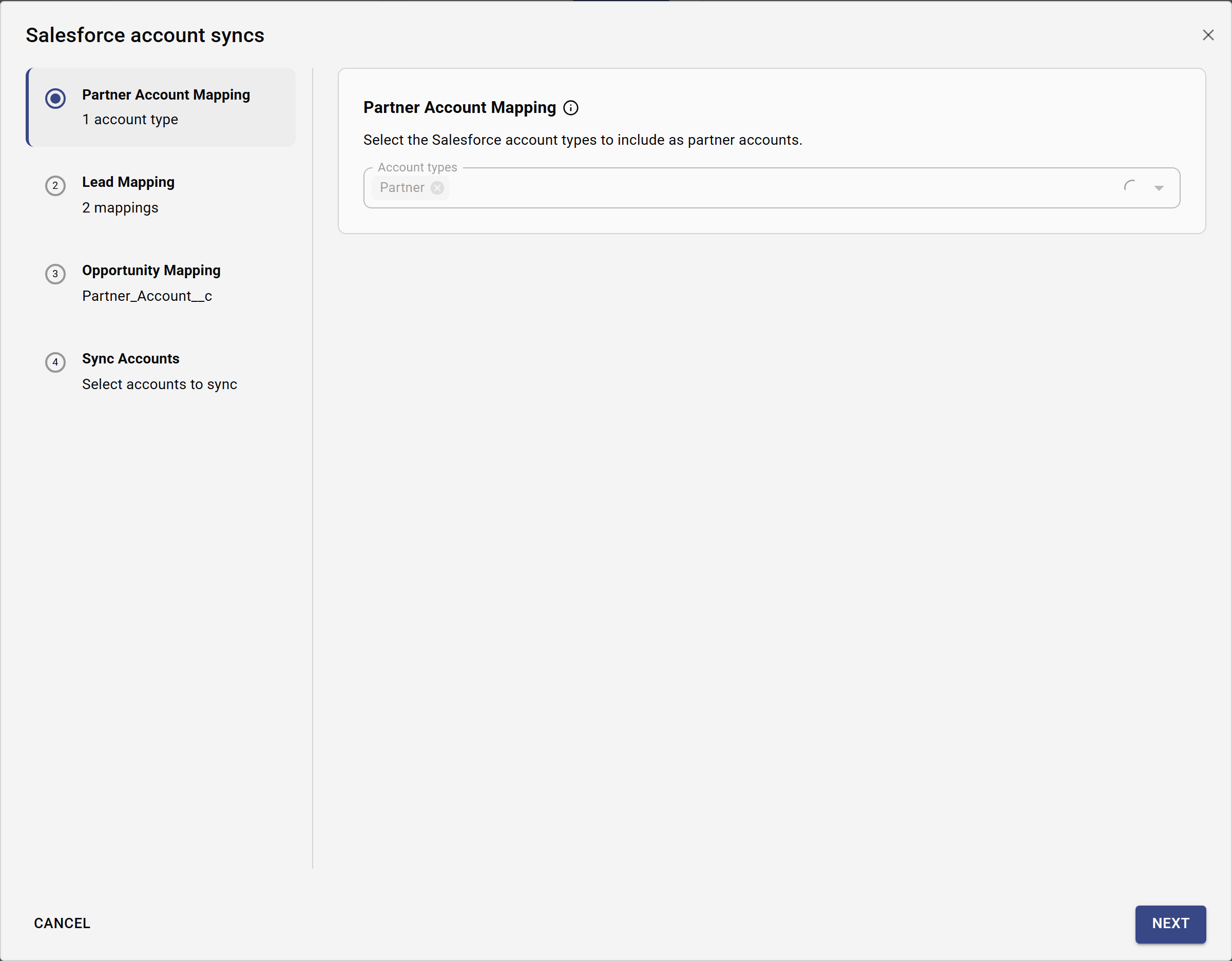 Salesforce account syncs settings dialog