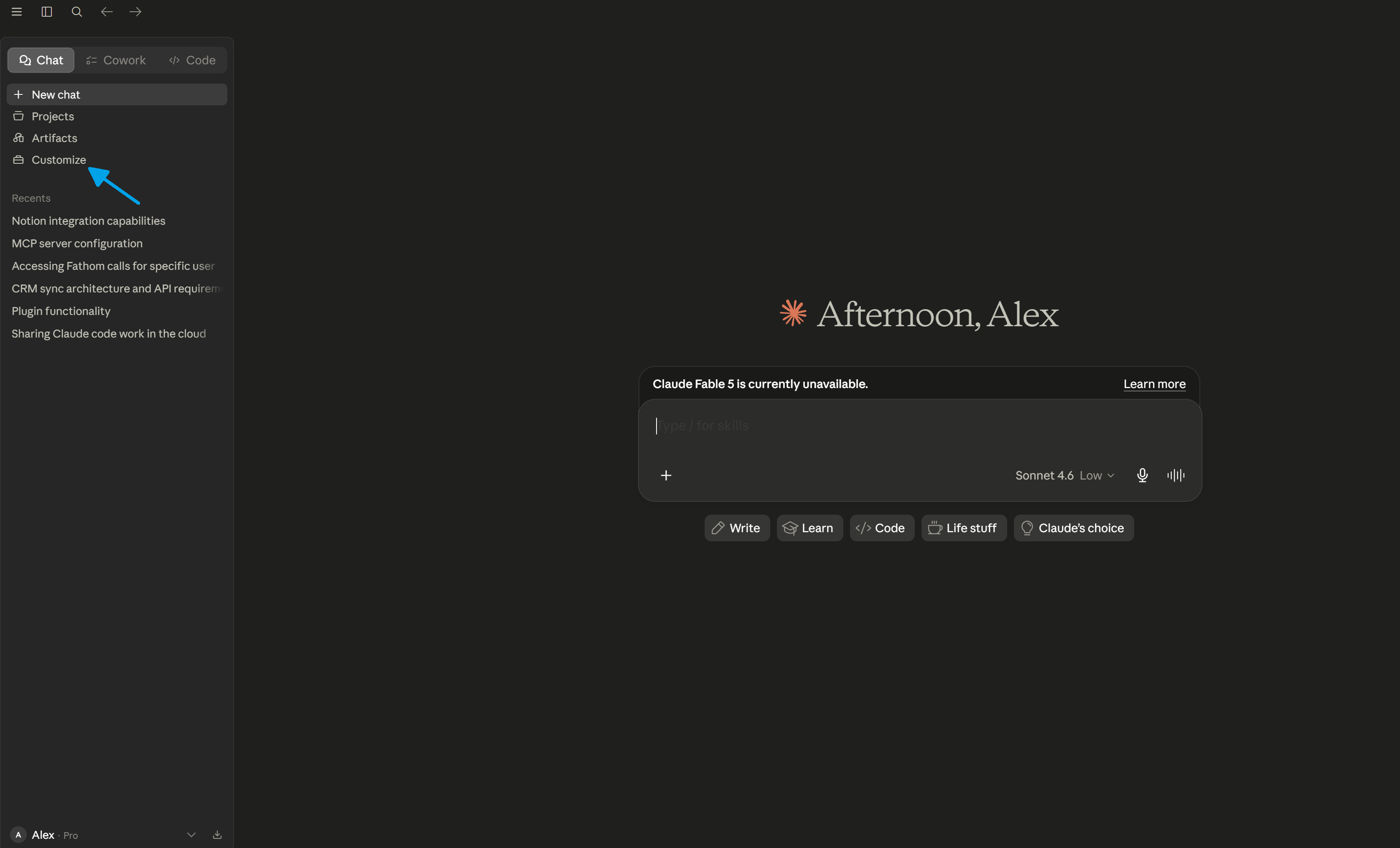 Open Customize in Claude