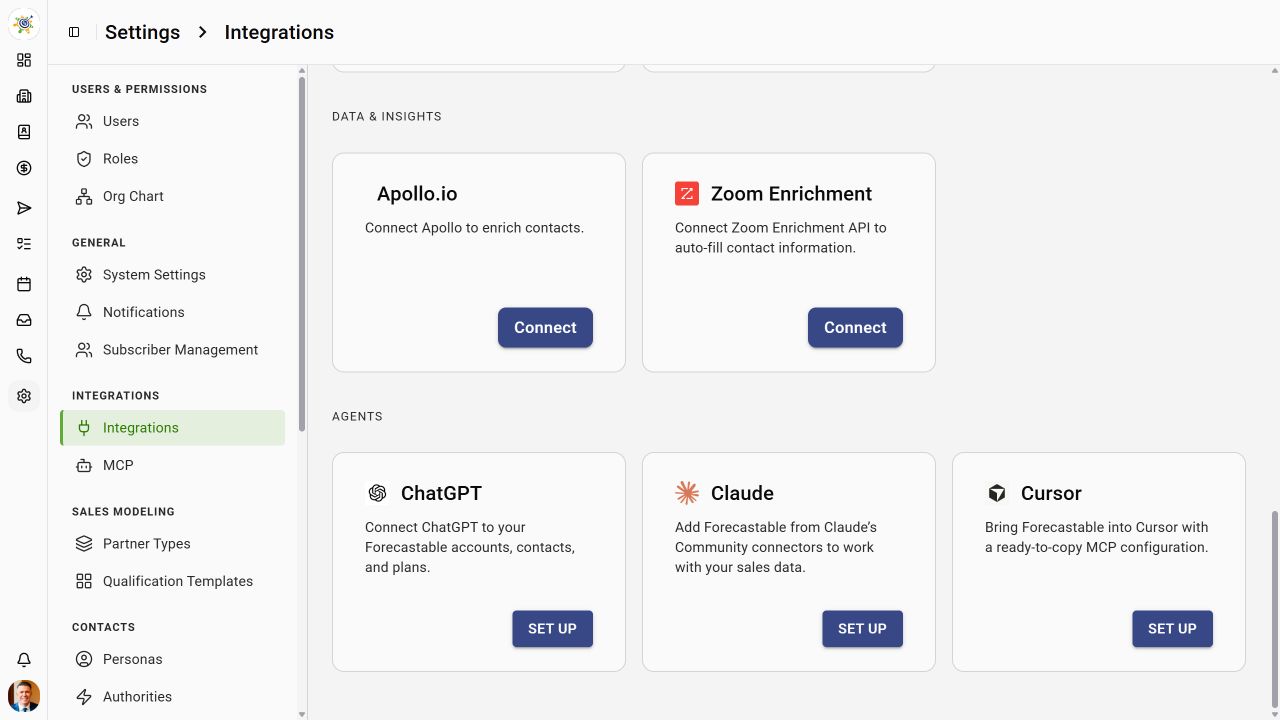 Forecastable Agents section with ChatGPT, Claude, and Cursor setup cards