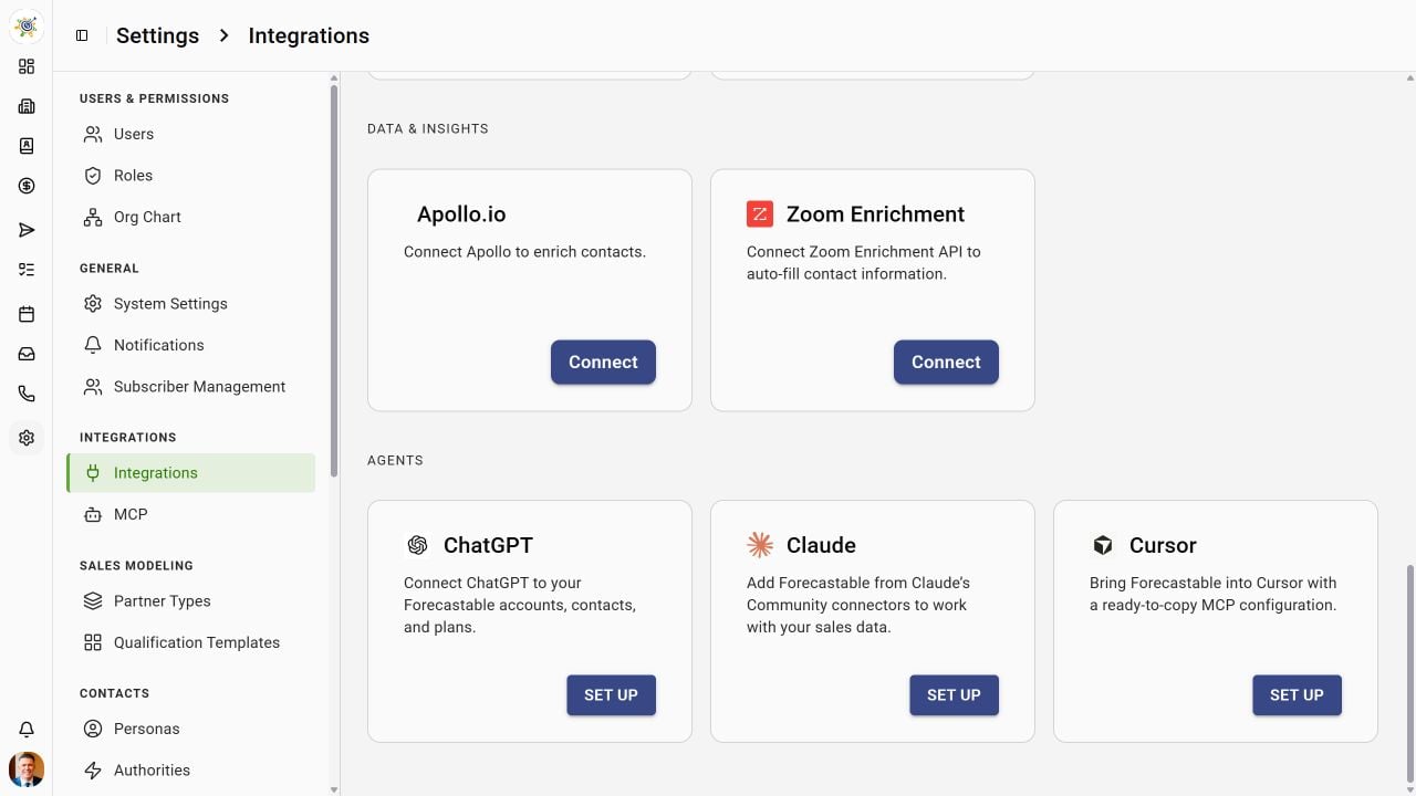 Forecastable Agents section with ChatGPT, Claude, and Cursor setup cards