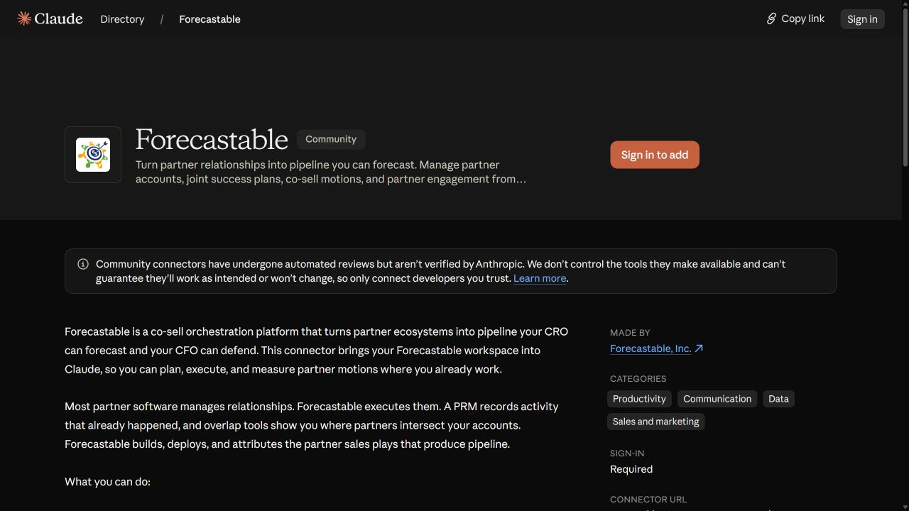 Claude directory showing Forecastable with a Community badge and Sign in to add button