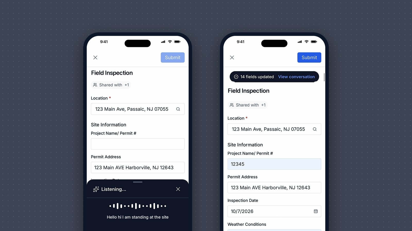 Two phones: the Talk to fill out record sheet listening with a live transcript over a field inspection form, and the same form afterward with a 14 fields updated message and highlighted answers