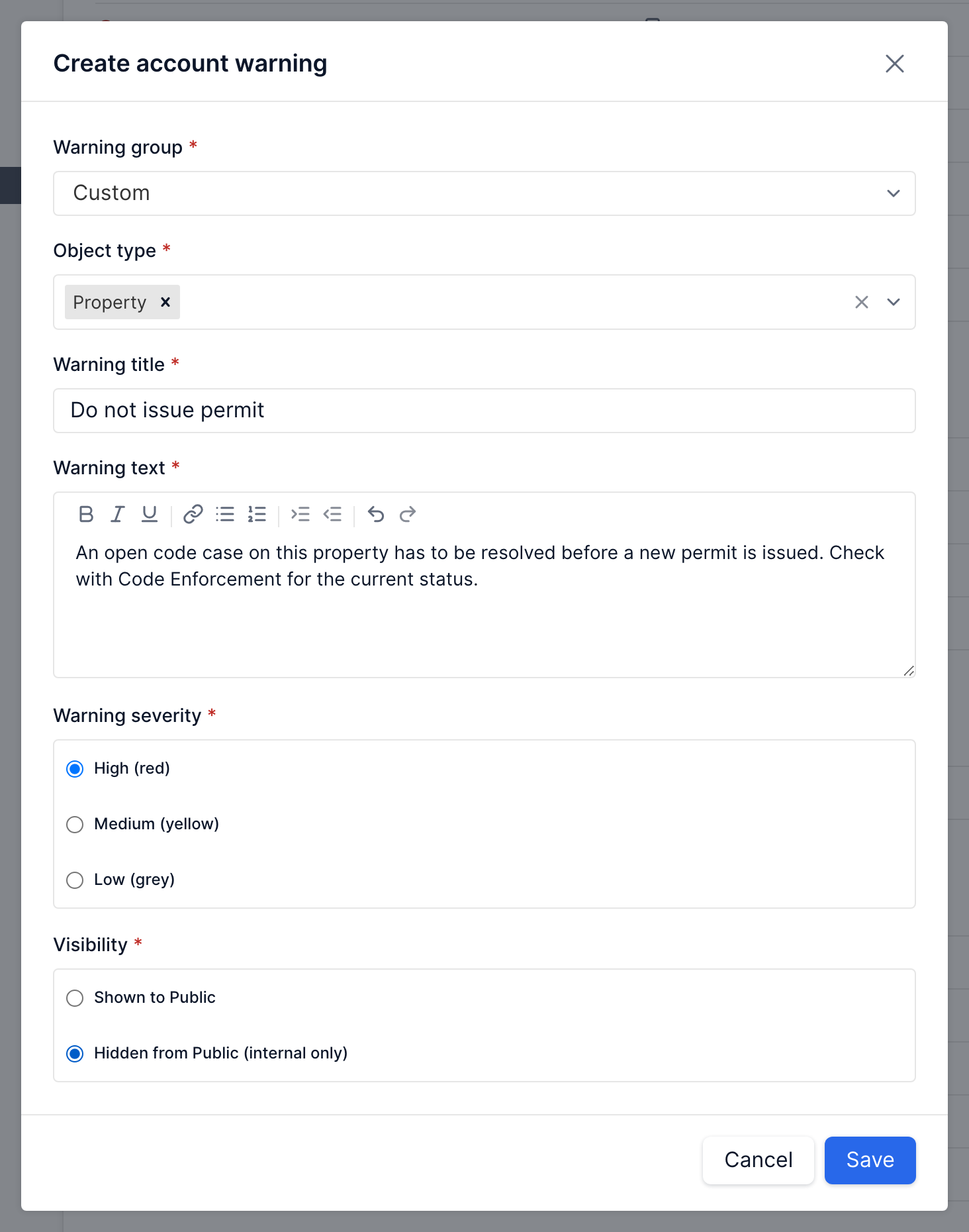 Create account warning form with the group, object type, title, text, severity, and visibility fields filled in