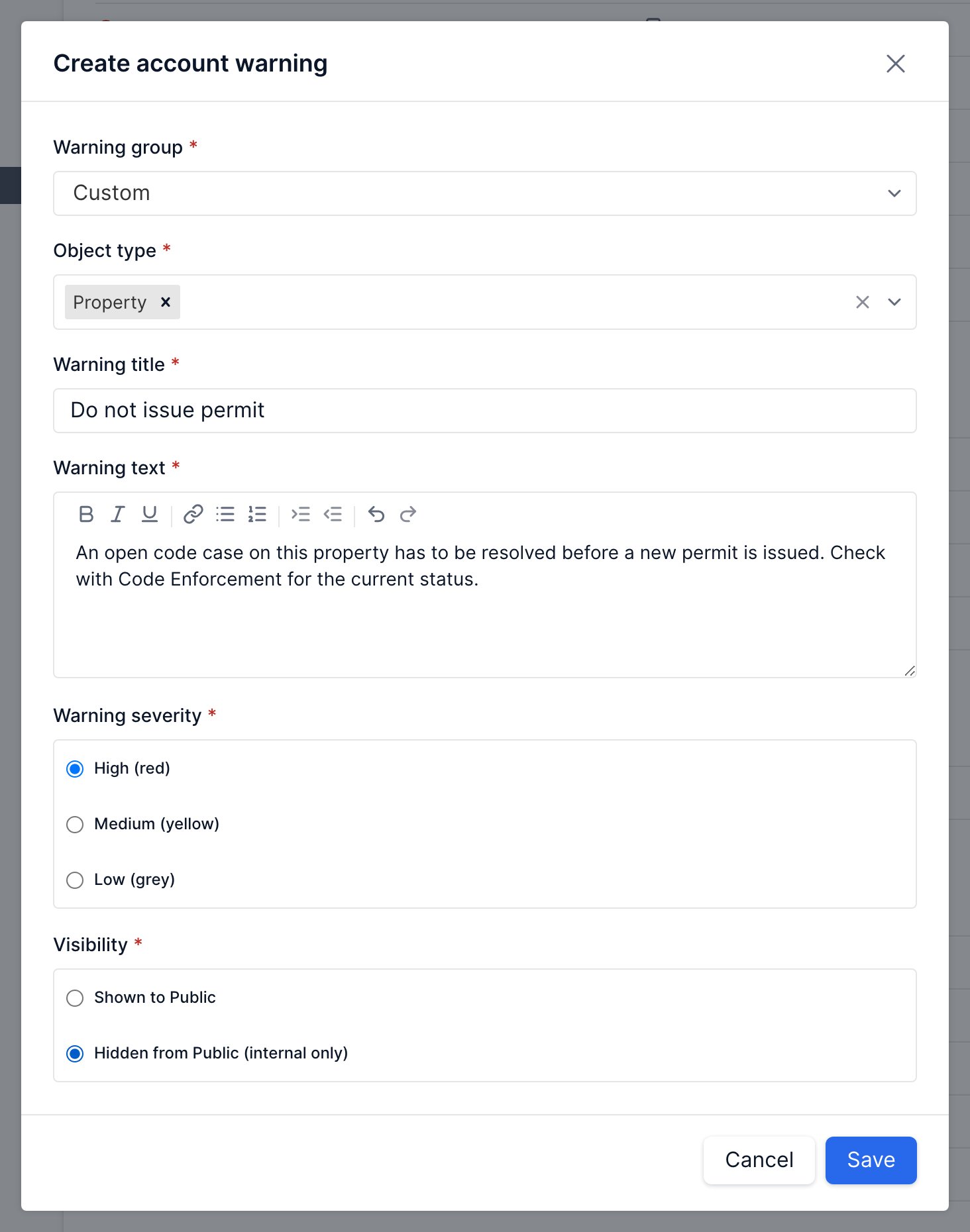 Create account warning form with the group, object type, title, text, severity, and visibility fields filled in