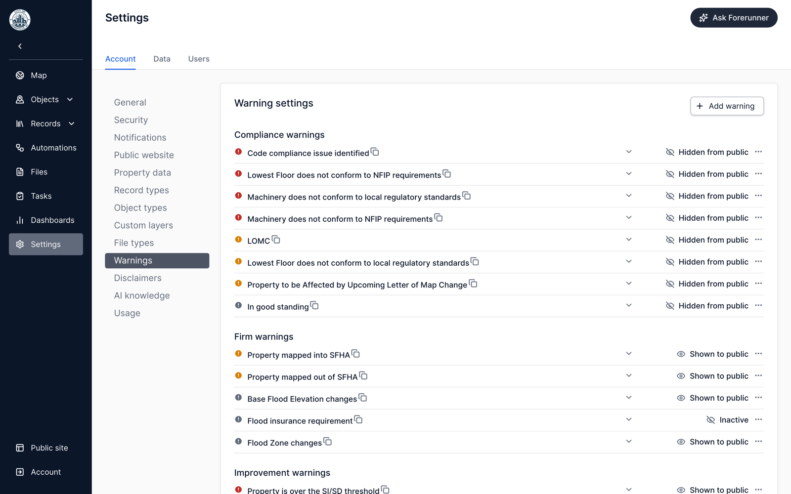 Warning settings page listing warnings by group, each showing whether it is shown to the public, hidden, or inactive