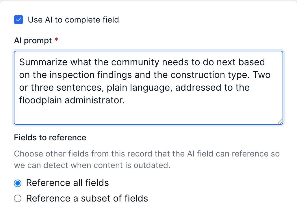 Field settings sidebar with Use AI to complete field checked, an AI prompt filled in, and the Fields to reference options