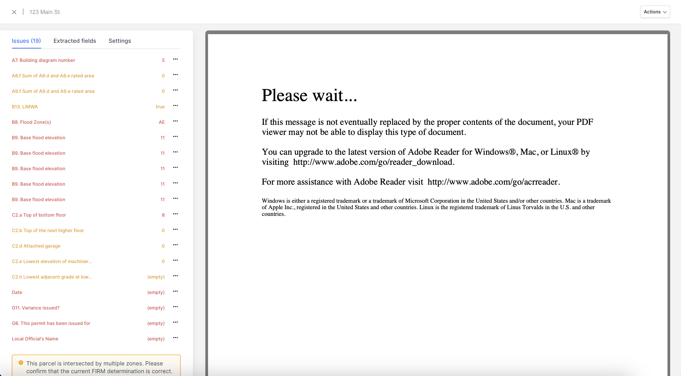Please Wait error message displayed in PDF viewer when viewing 2026 Elevation Certificates