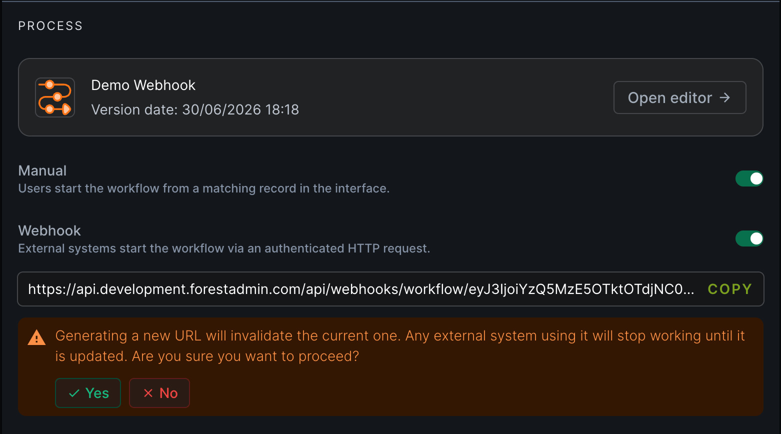 Generate new URL button and the invalidation warning