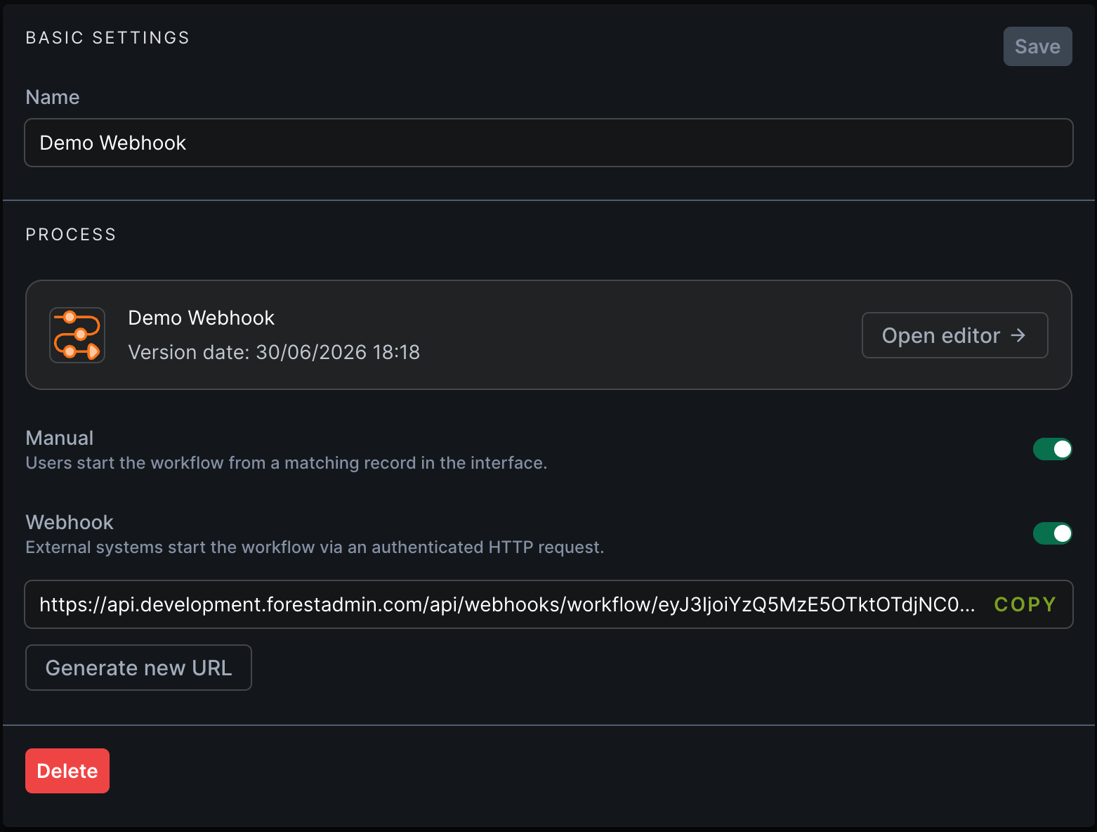 Process section with Manual and Webhook trigger rows beneath the version card