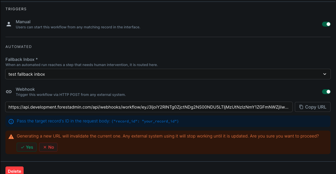 Generate new URL button and the invalidation warning