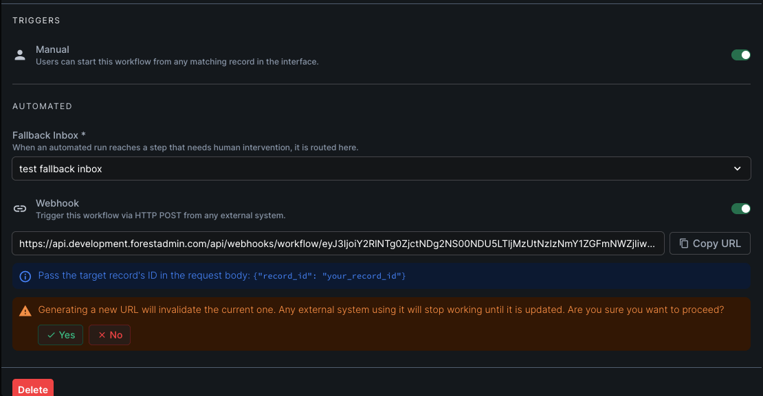 Generate new URL button and the invalidation warning