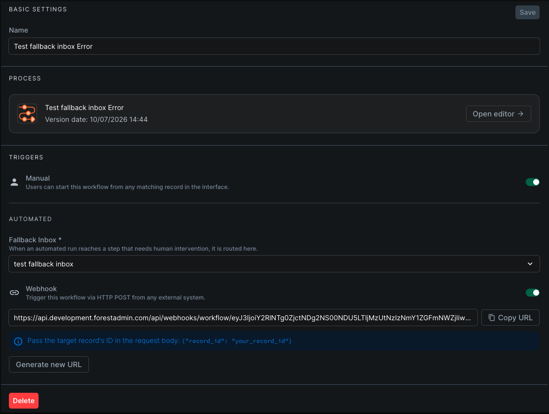 Process section with Manual and Webhook trigger rows beneath the version card