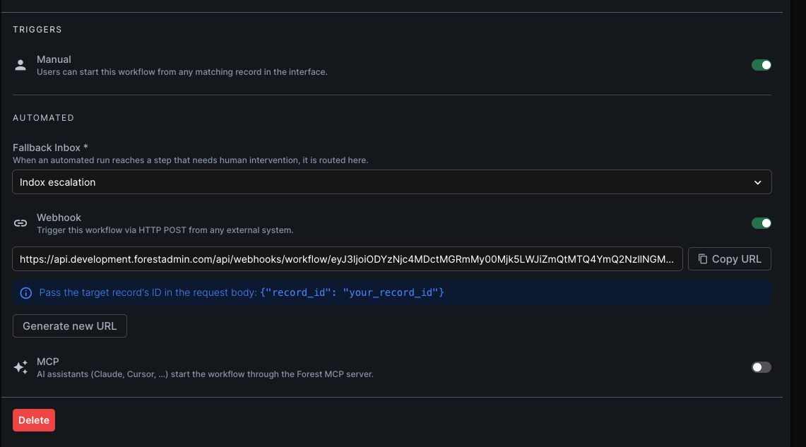 Triggers section: the Manual row, then the Automated group with the fallback inbox, the webhook, and the MCP toggle