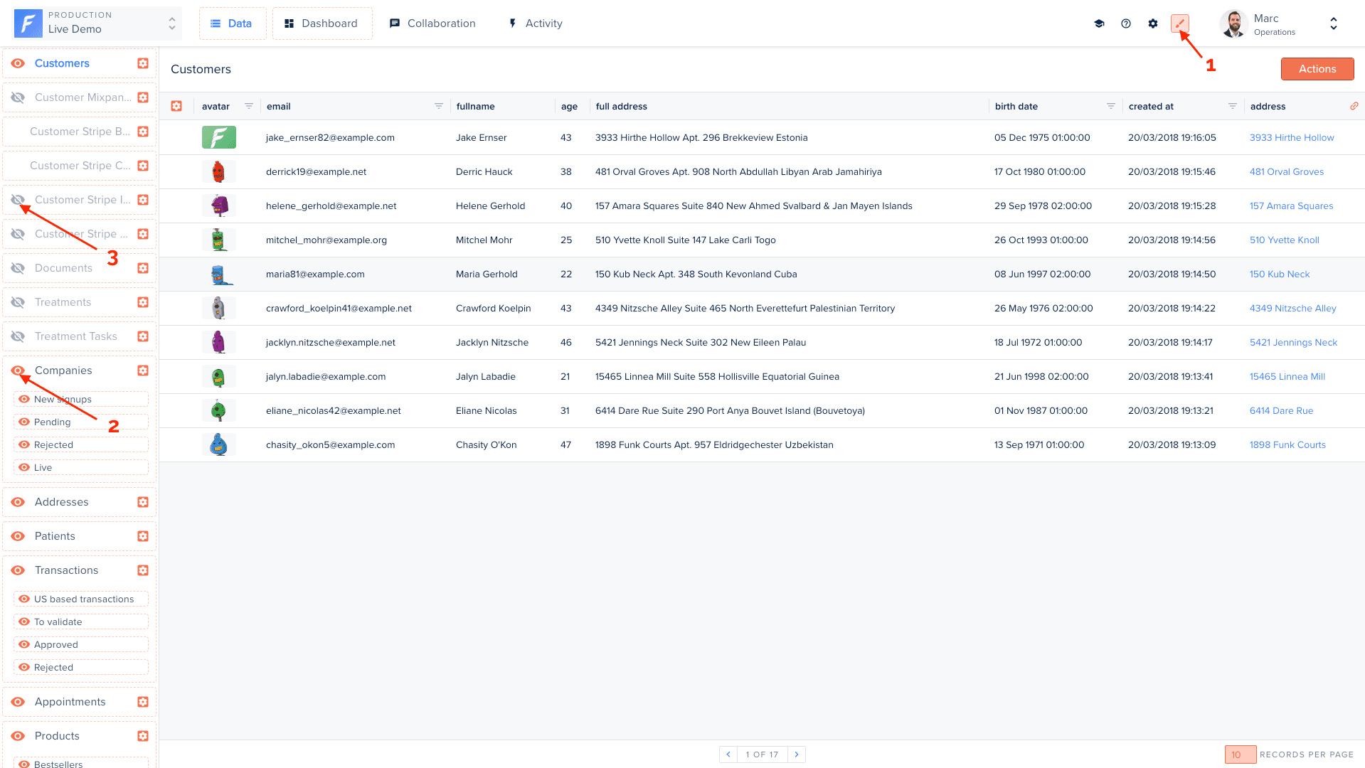Show/hide collections with the eye icon