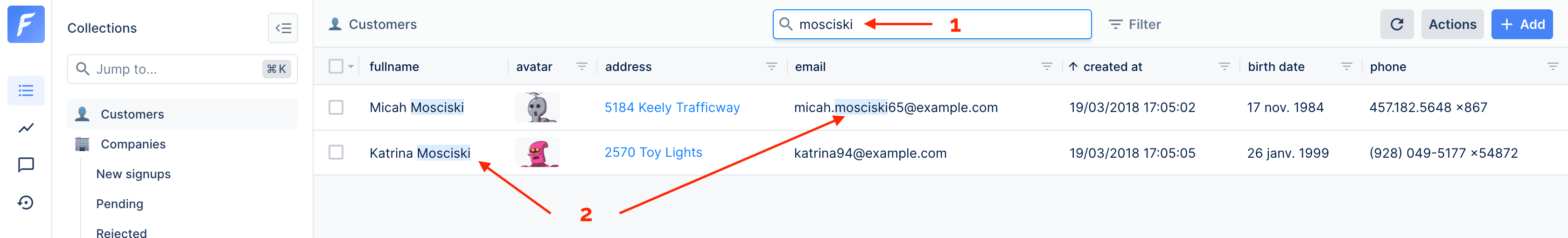 Collection search bar with highlighted matches
