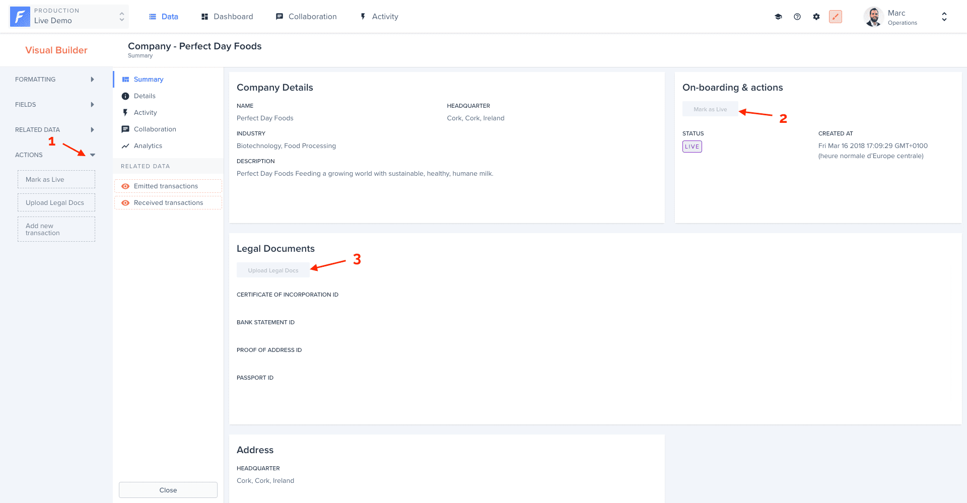 Actions inserted in a Summary view section