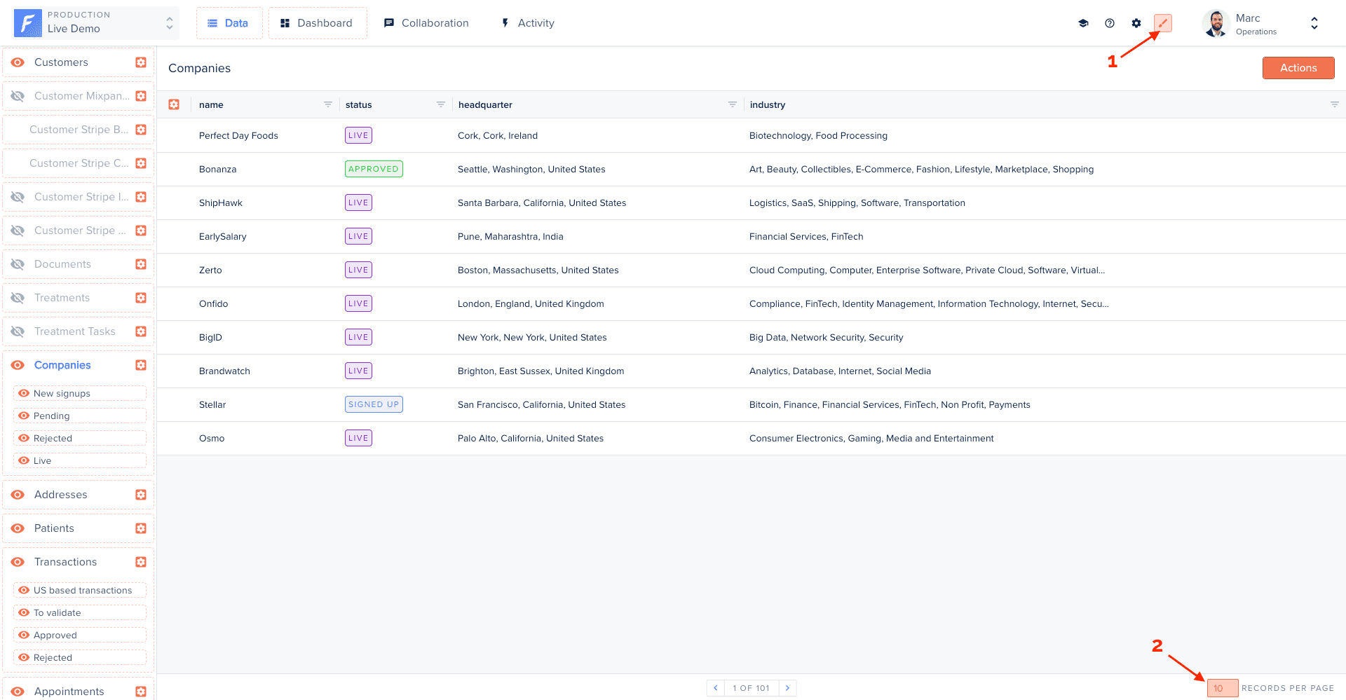 Page-size selector at the bottom-right of the table view