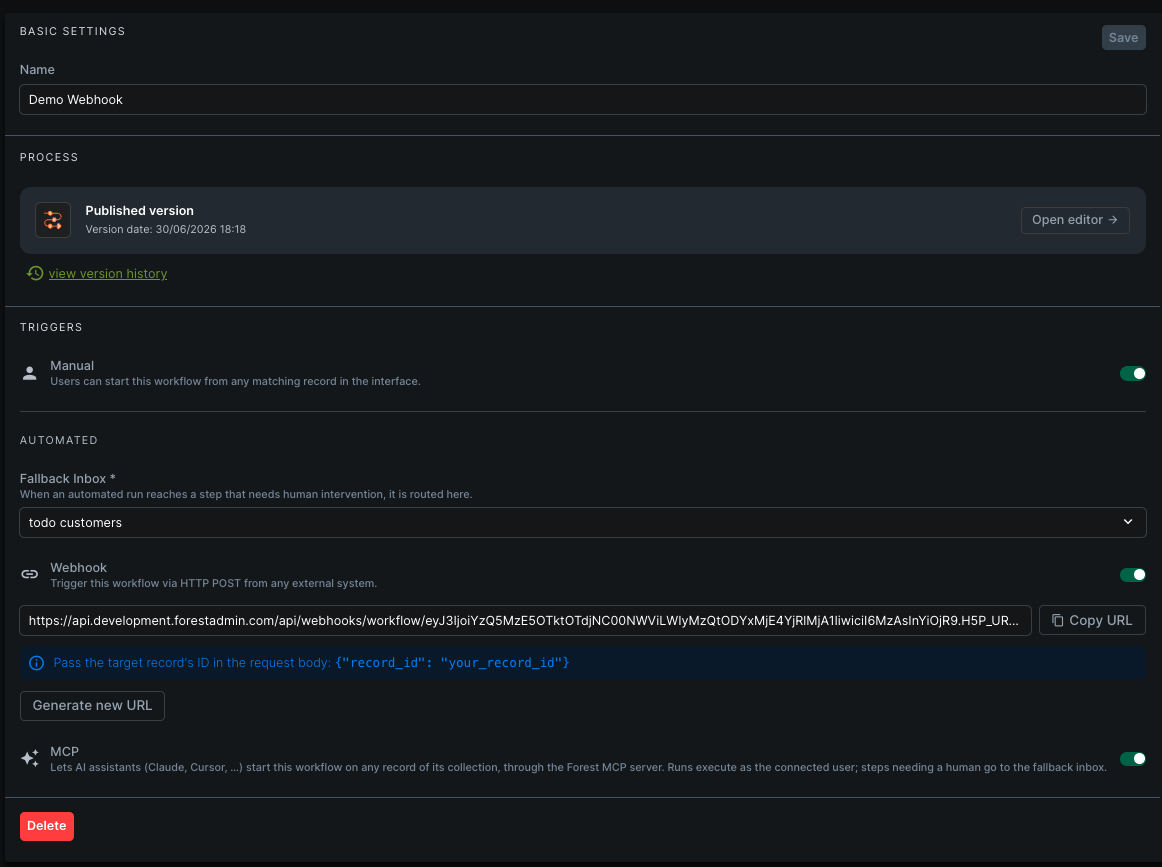 Triggers section: the Manual row, then the Automated group with the fallback inbox, the webhook, and the MCP toggle