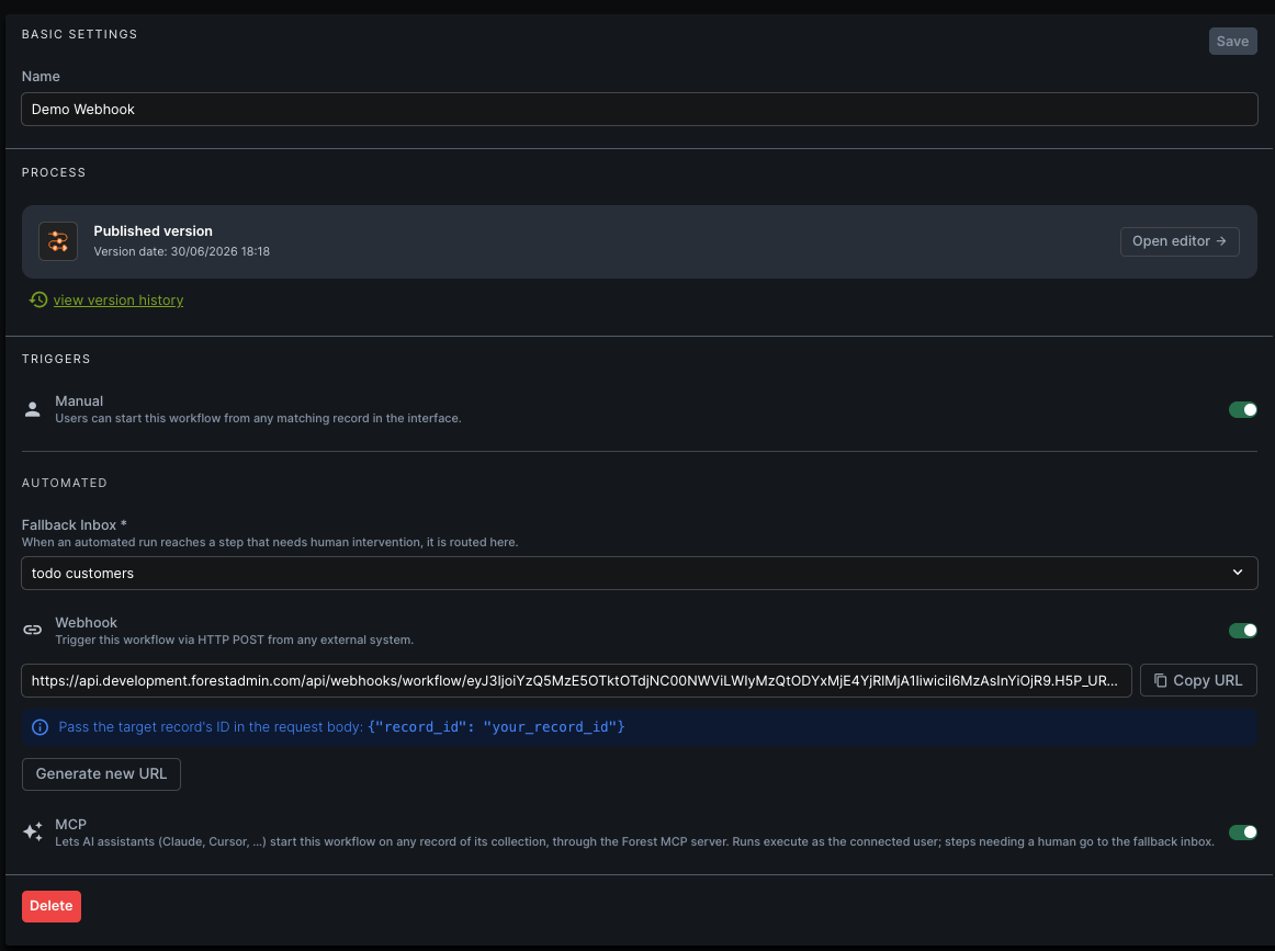 Triggers section: the Manual row, then the Automated group with the fallback inbox, the webhook, and the MCP toggle