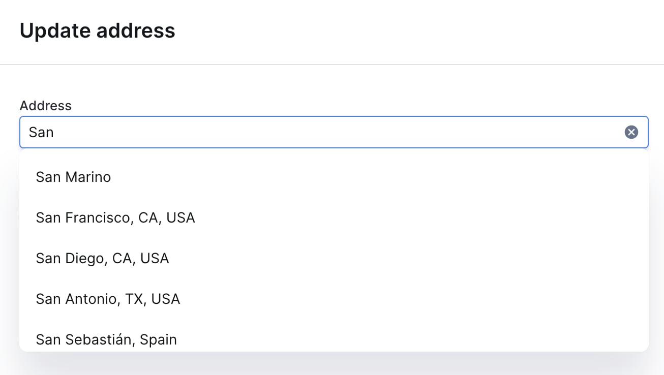 AddressAutocomplete widget on an action form, with suggestions