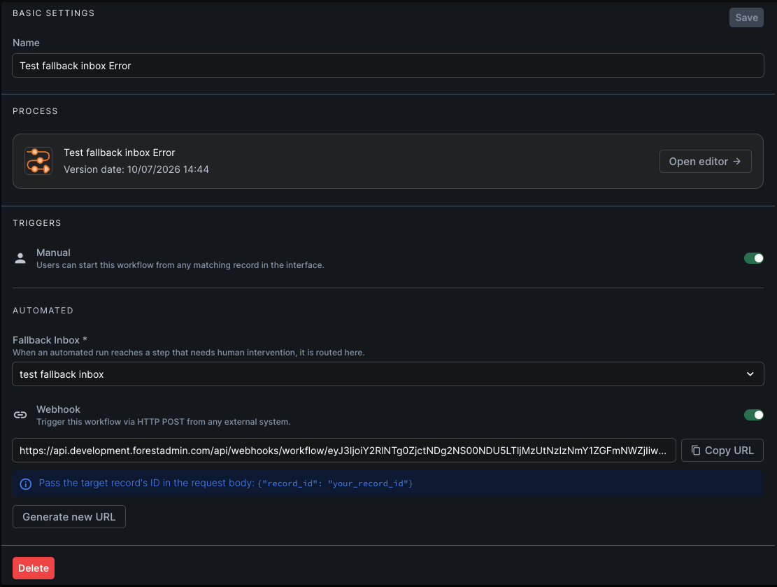 Process section with Manual and Webhook trigger rows beneath the version card