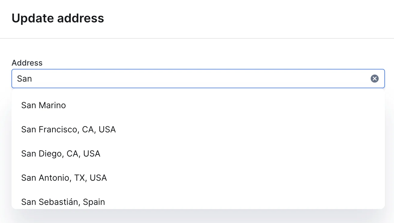 AddressAutocomplete widget on an action form, with suggestions