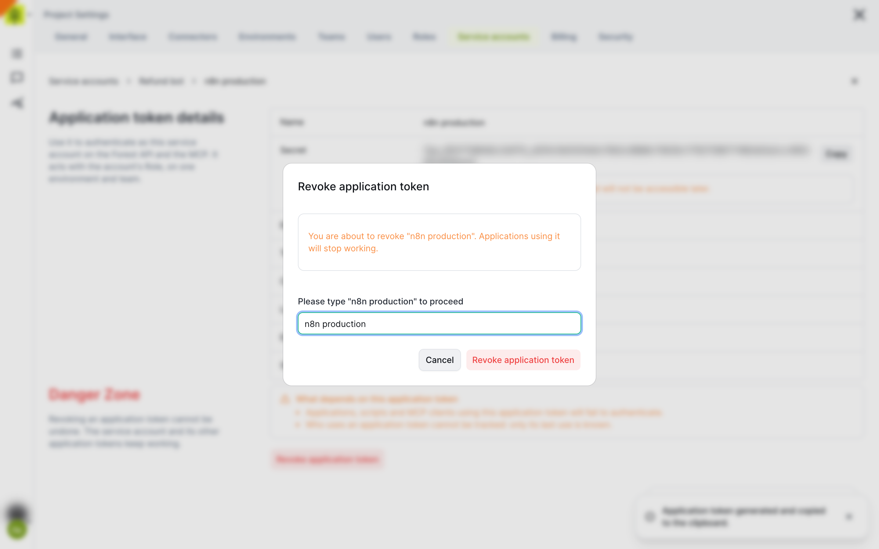 Revoke application token dialog asking to type the token name