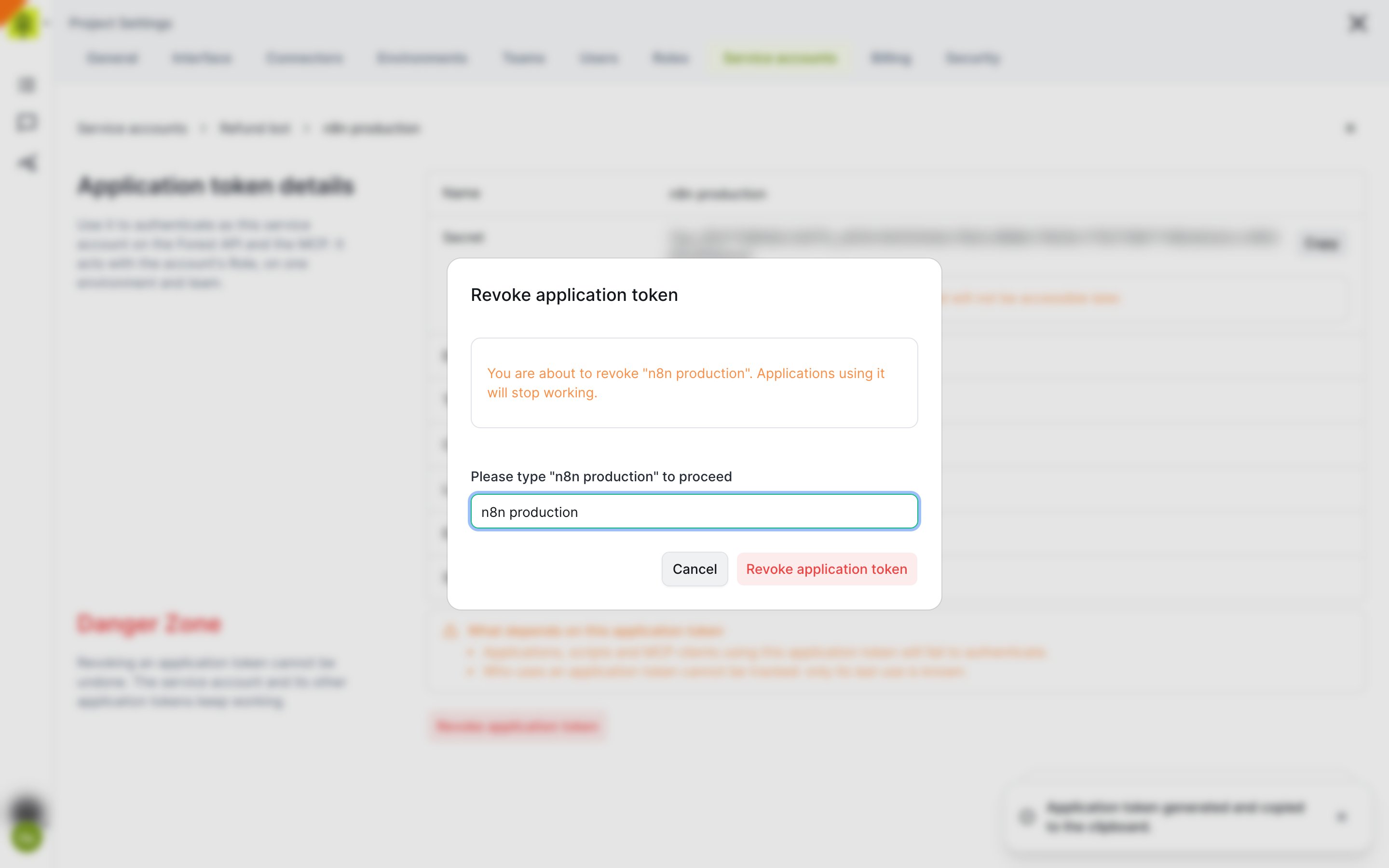 Revoke application token dialog asking to type the token name