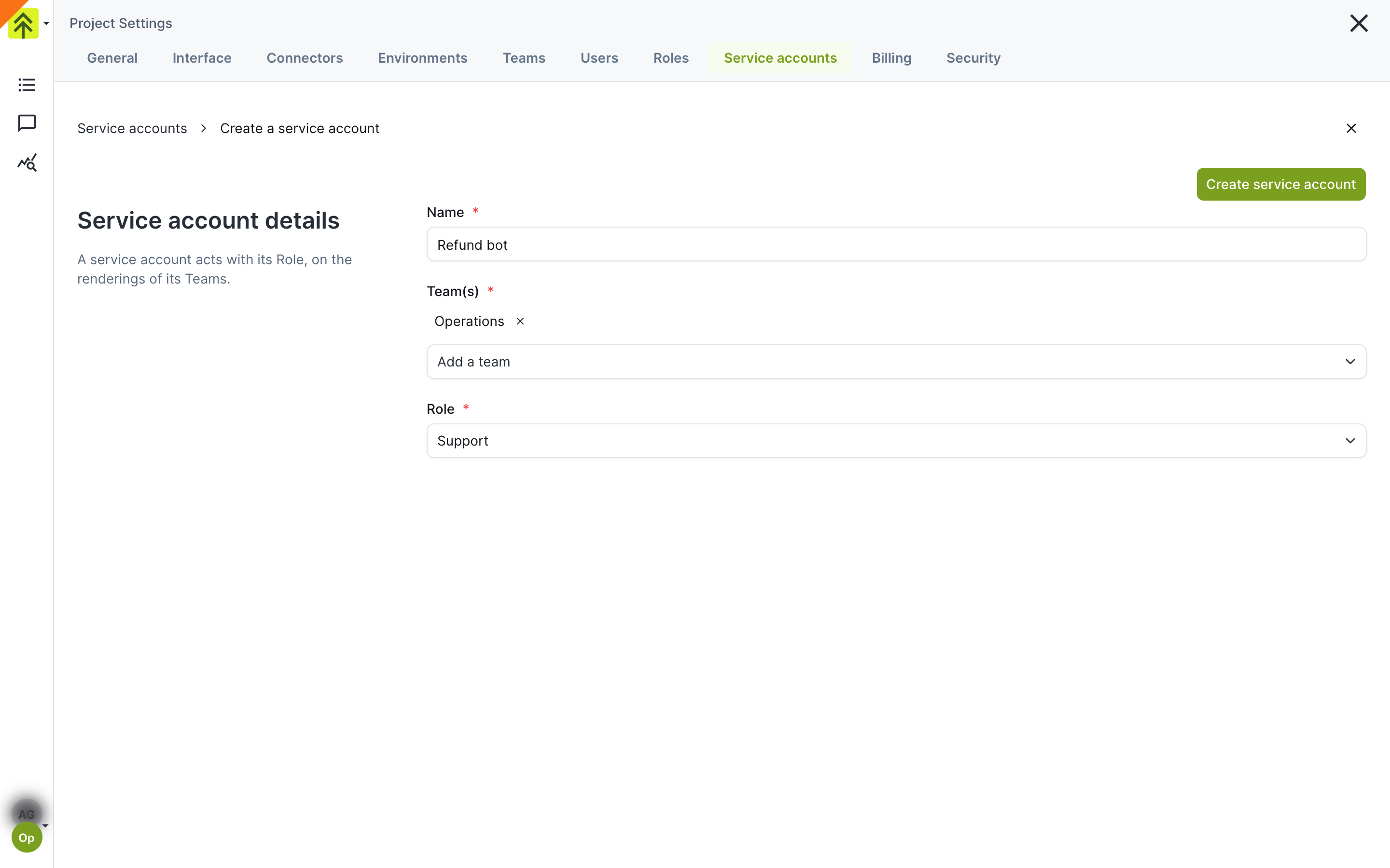 Create a service account form with Name, Team(s) and Role fields