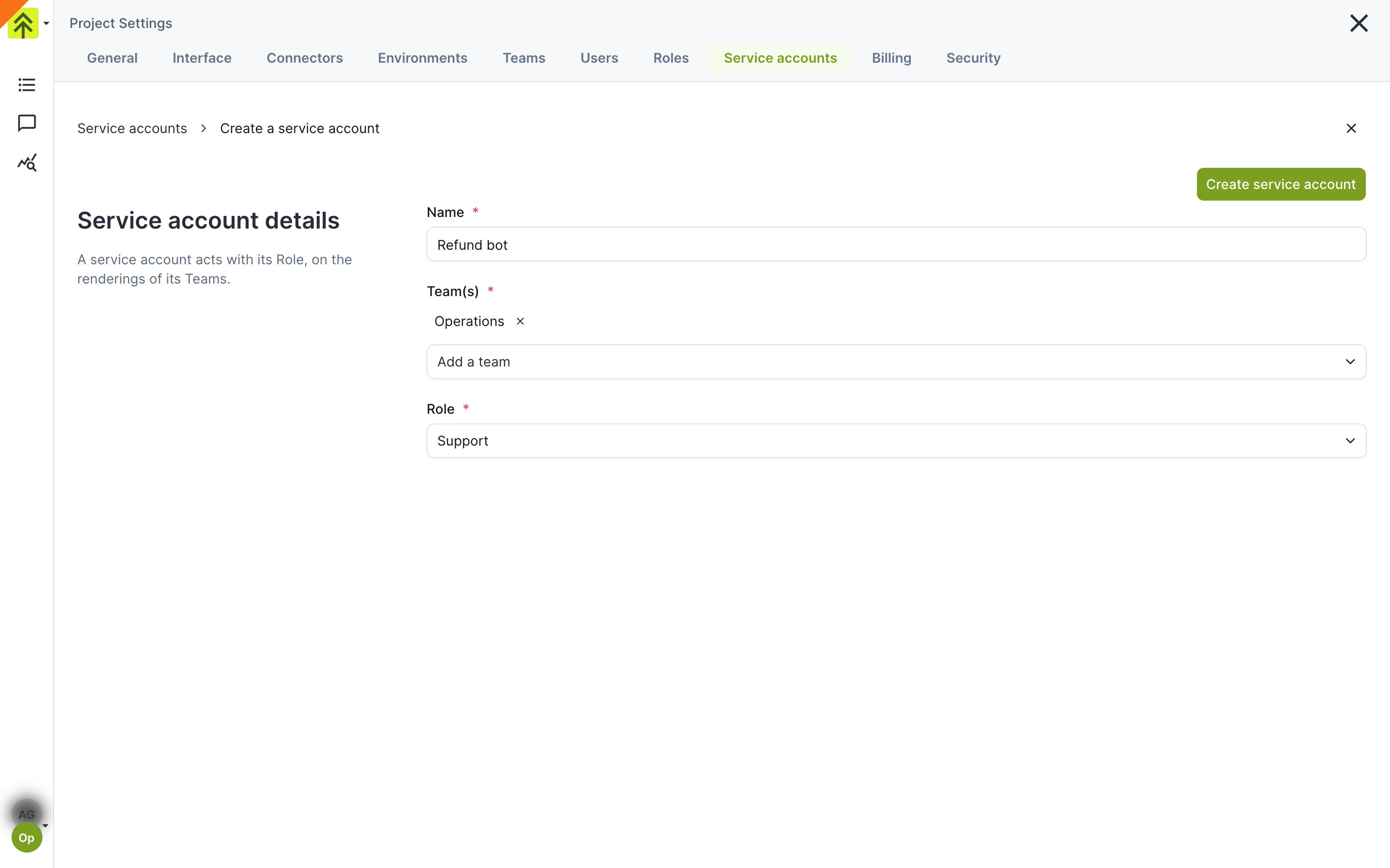 Create a service account form with Name, Team(s) and Role fields