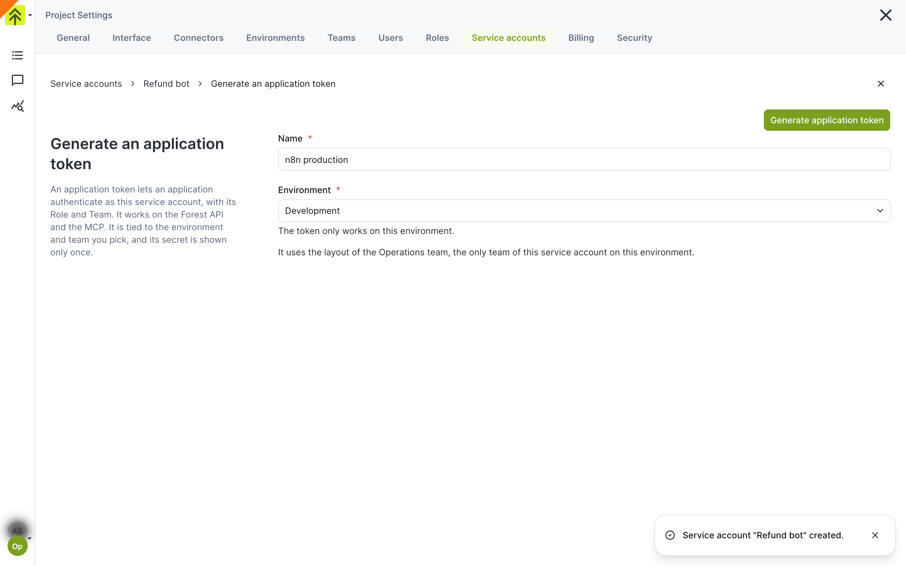 Generate an application token form with Name and Environment fields