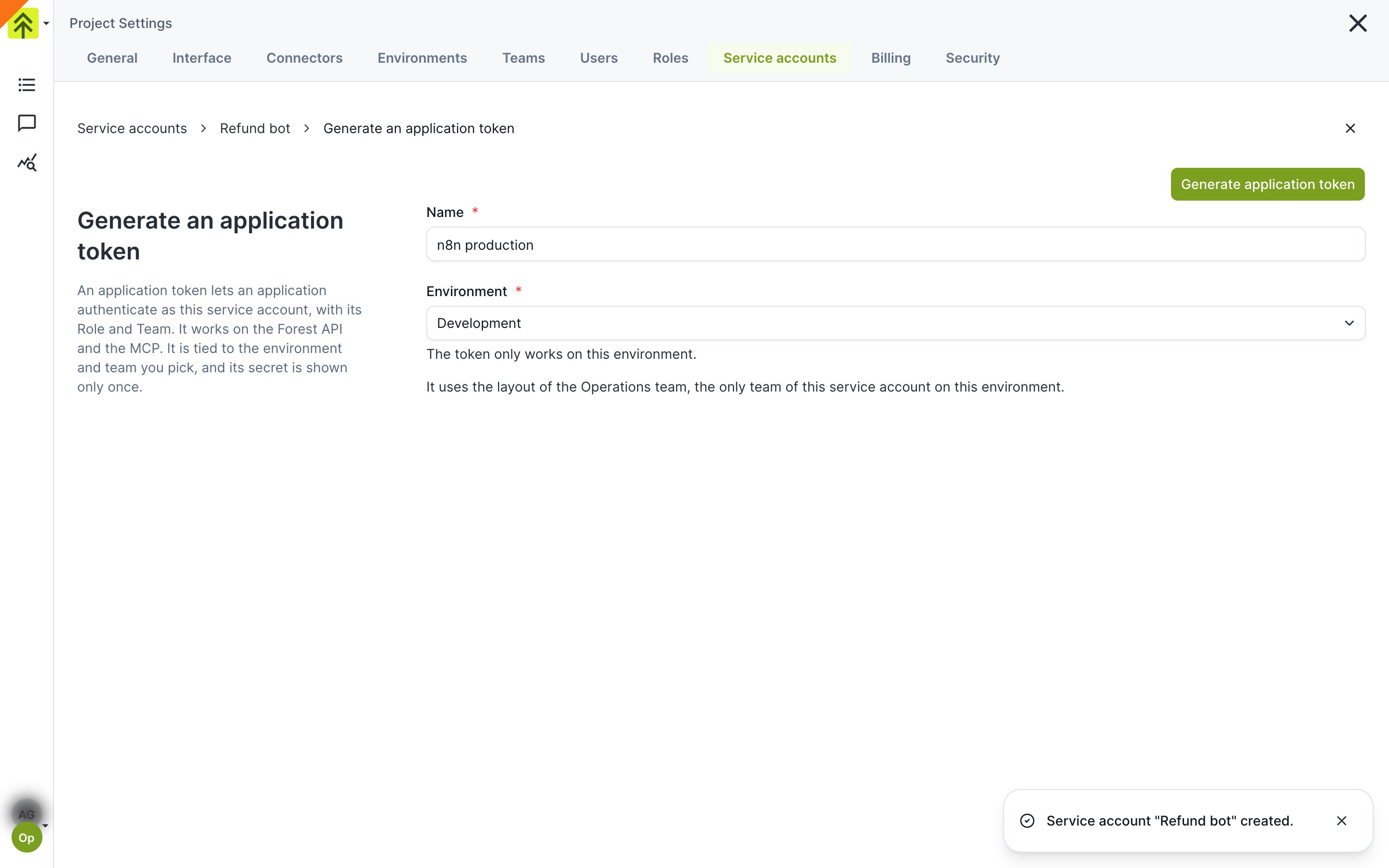 Generate an application token form with Name and Environment fields