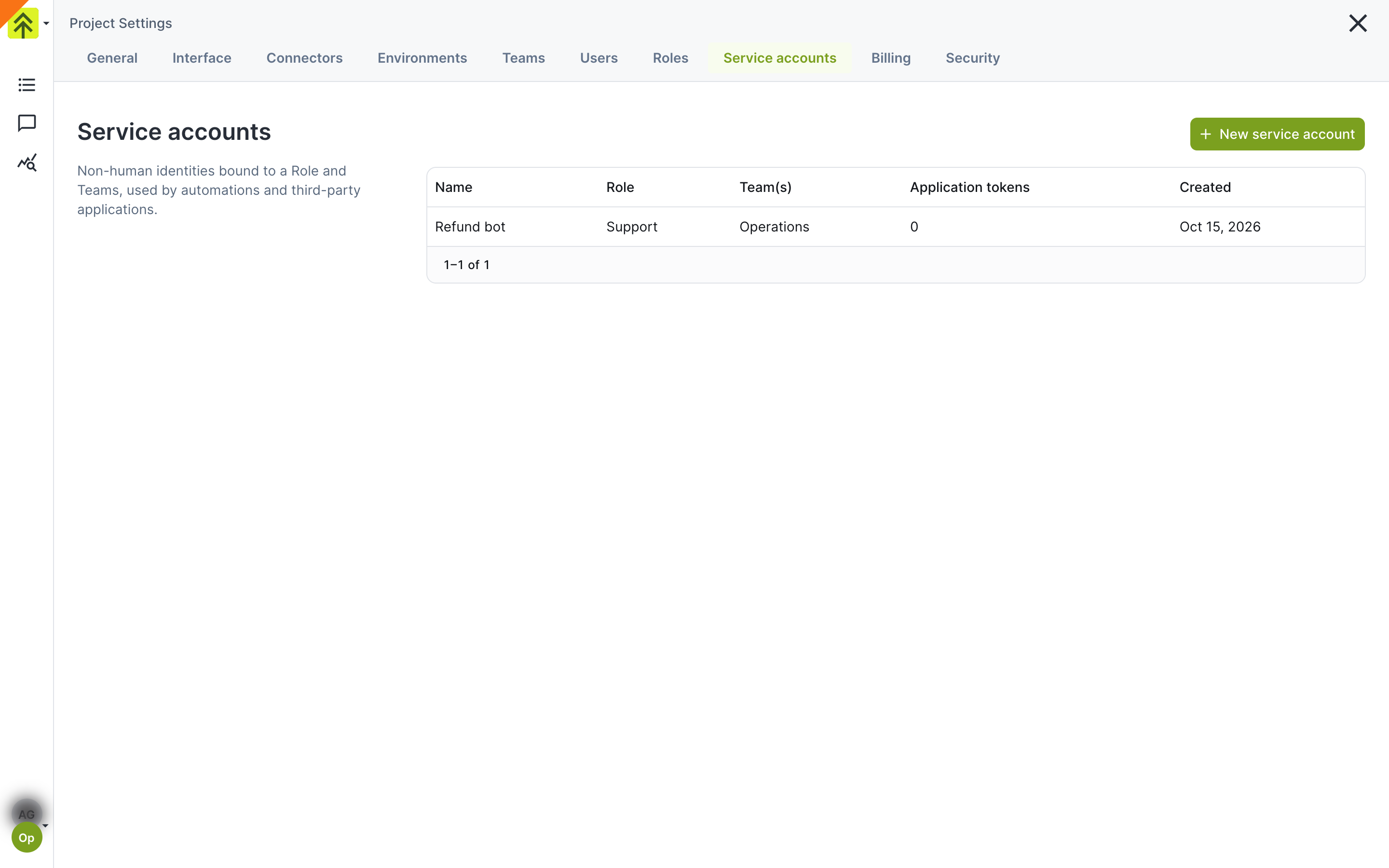 Service accounts tab listing an account with its Role, Team, application tokens and creation date