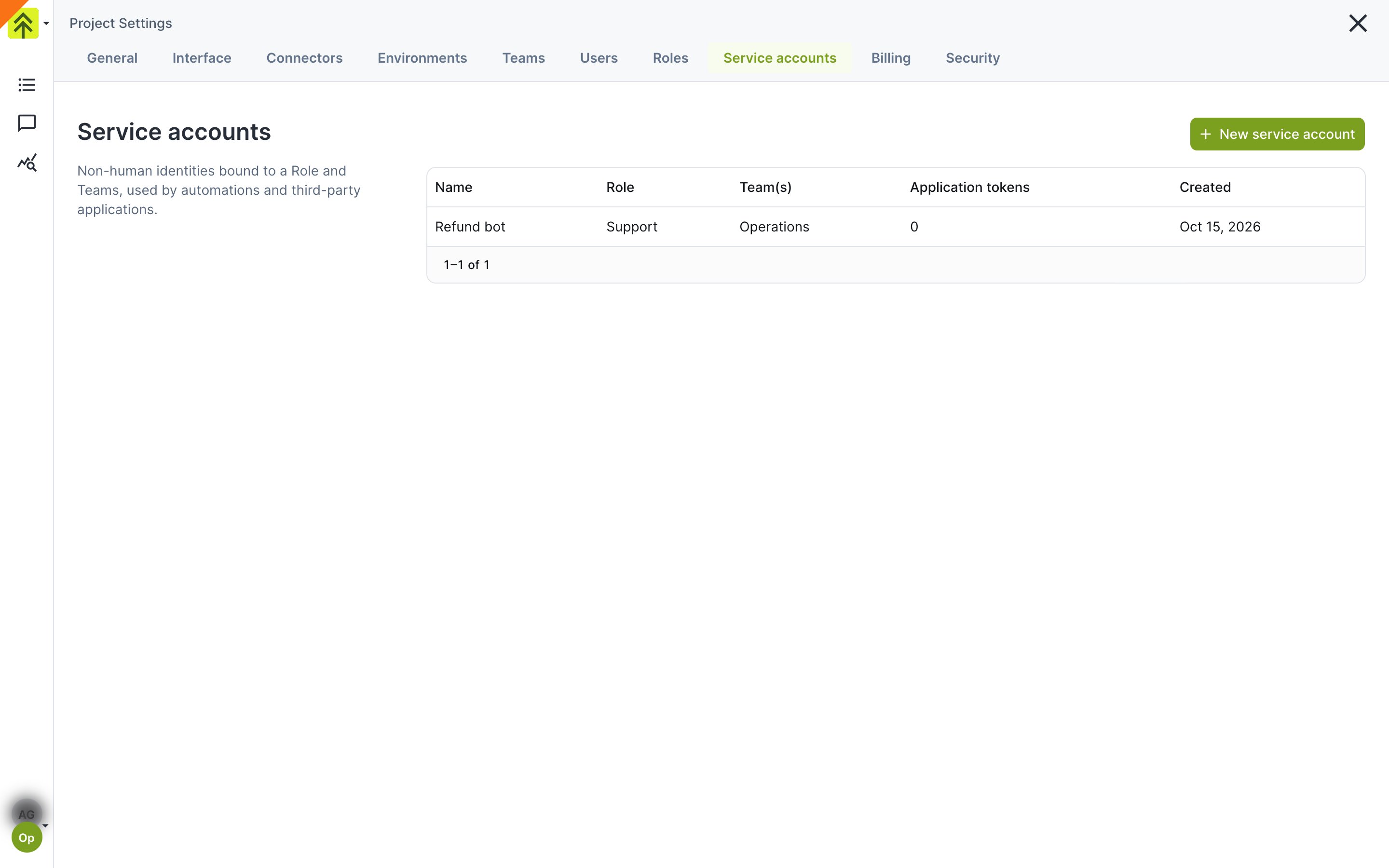 Service accounts tab listing an account with its Role, Team, application tokens and creation date