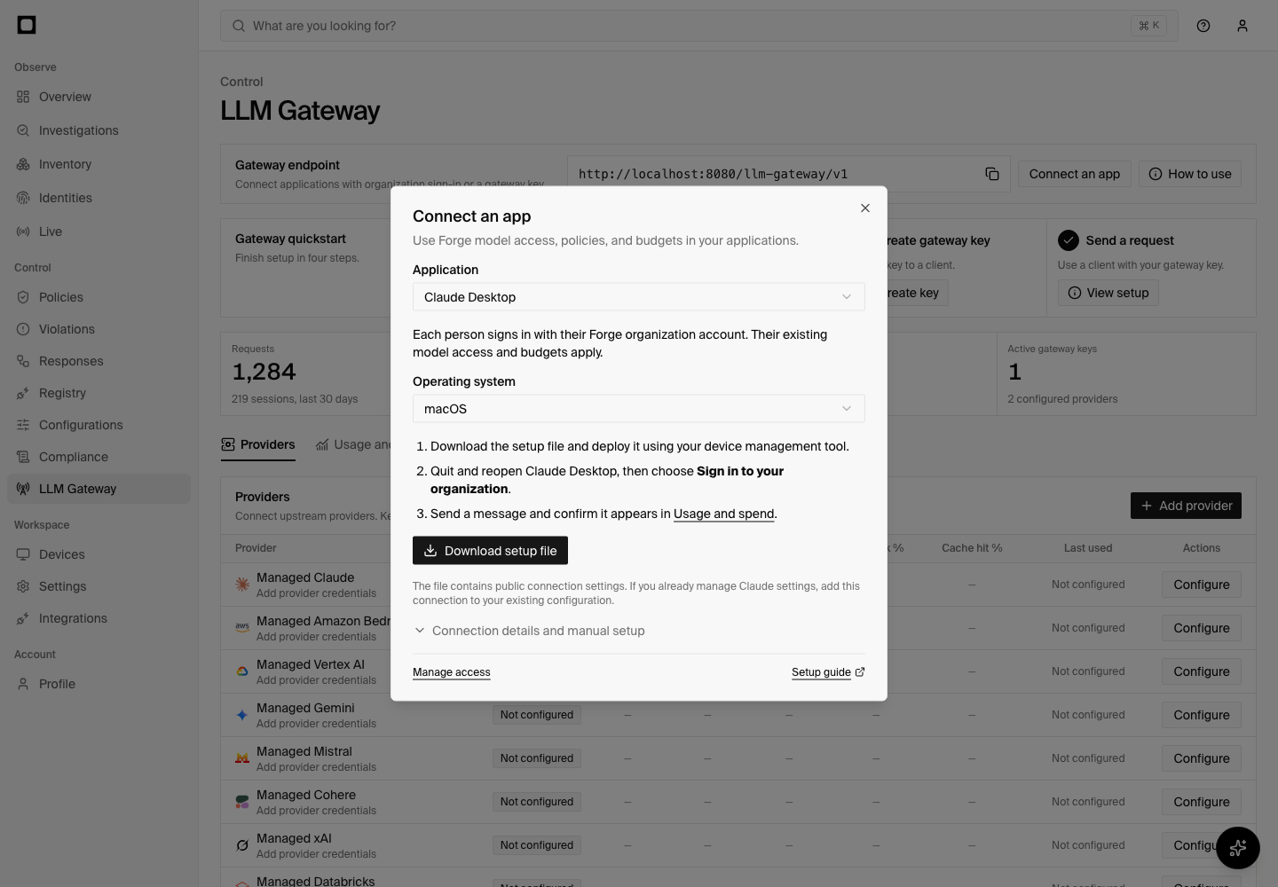 Forge app connection dialog with an application picker, operating system choice, and setup download