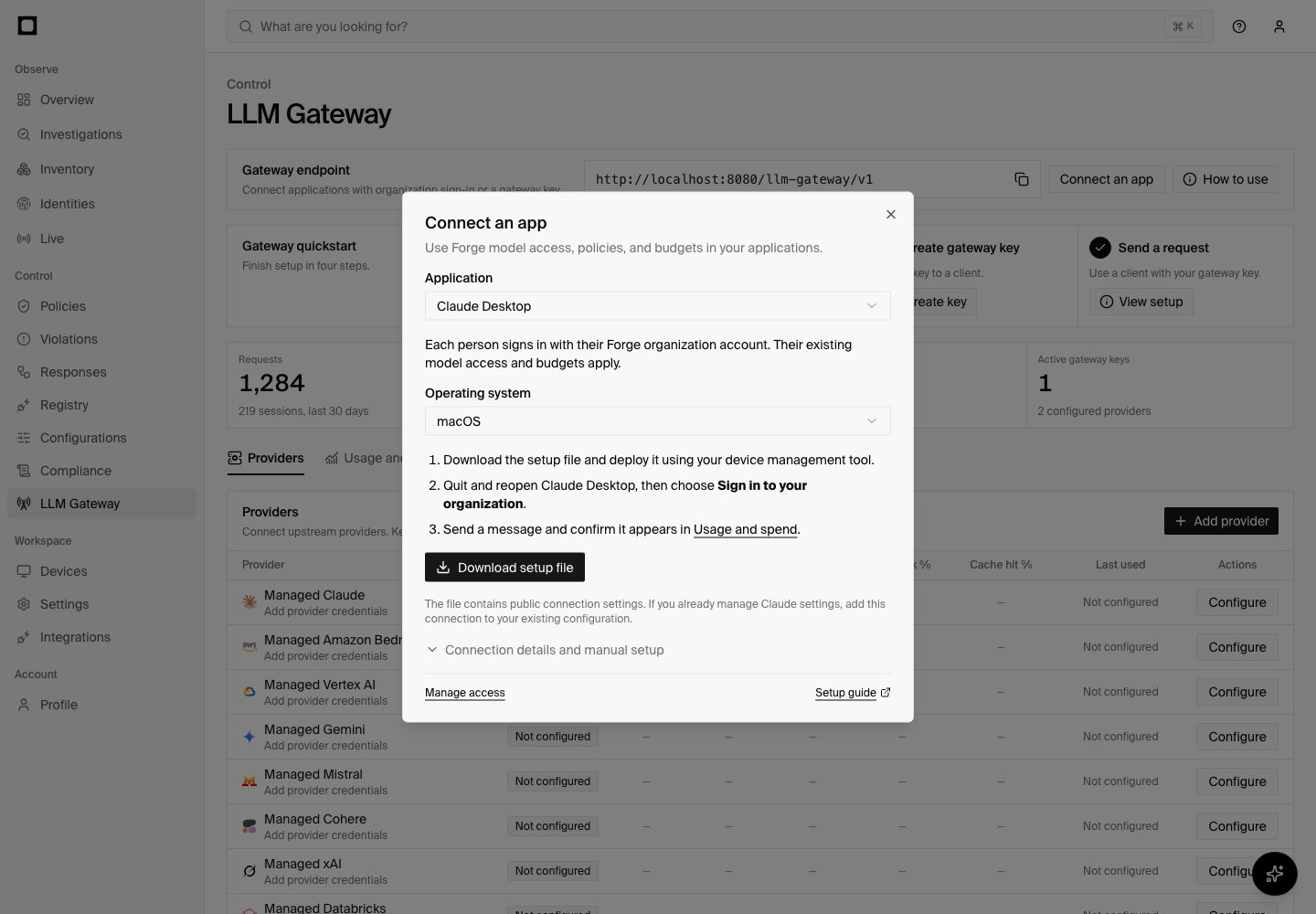 Forge app connection dialog with an application picker, operating system choice, and setup download