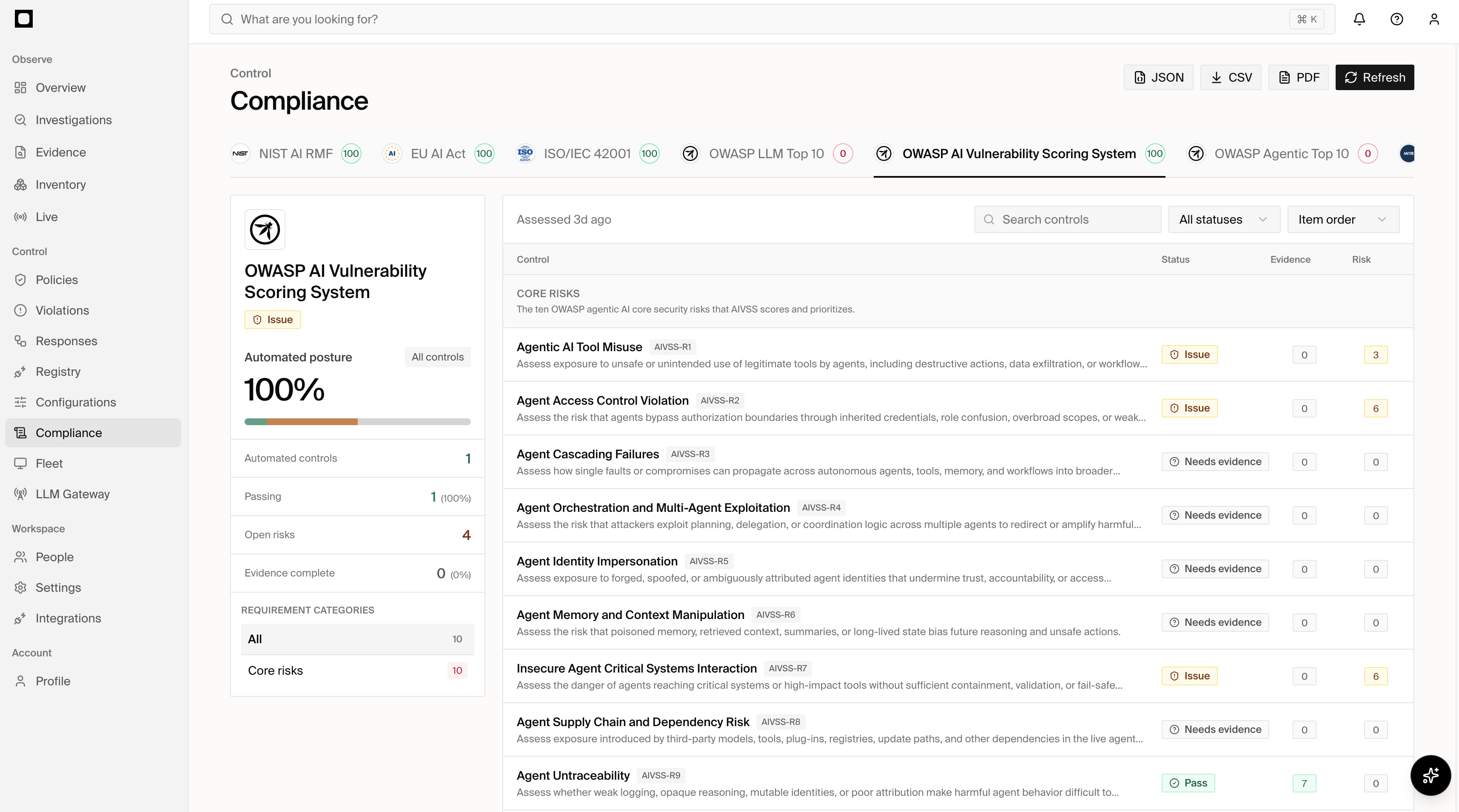 Forge compliance showing framework posture, controls, evidence, status, and risk
