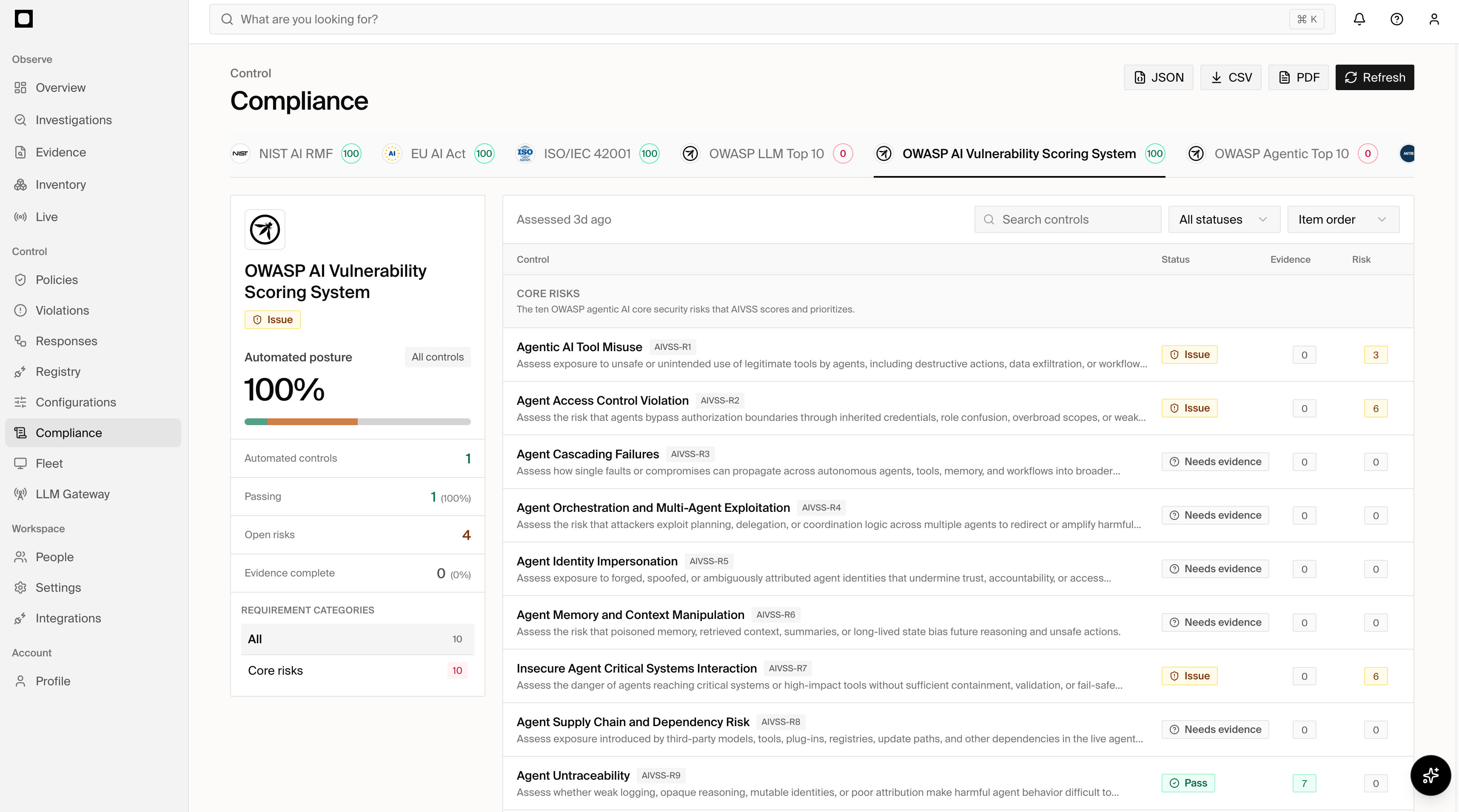 Forge compliance showing framework posture, controls, evidence, status, and risk
