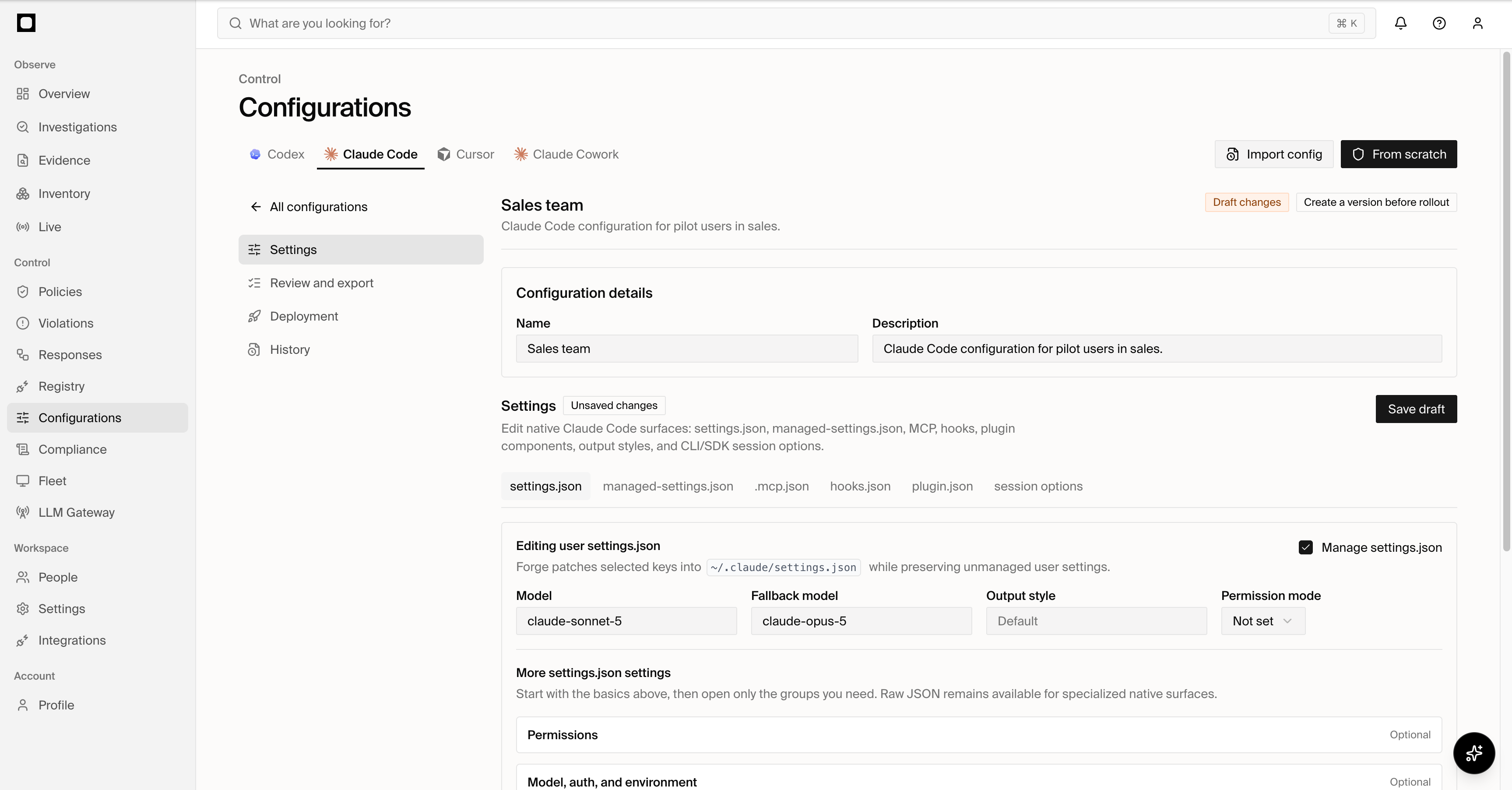 Forge configuration editor showing managed Claude Code settings, review, deployment, and history