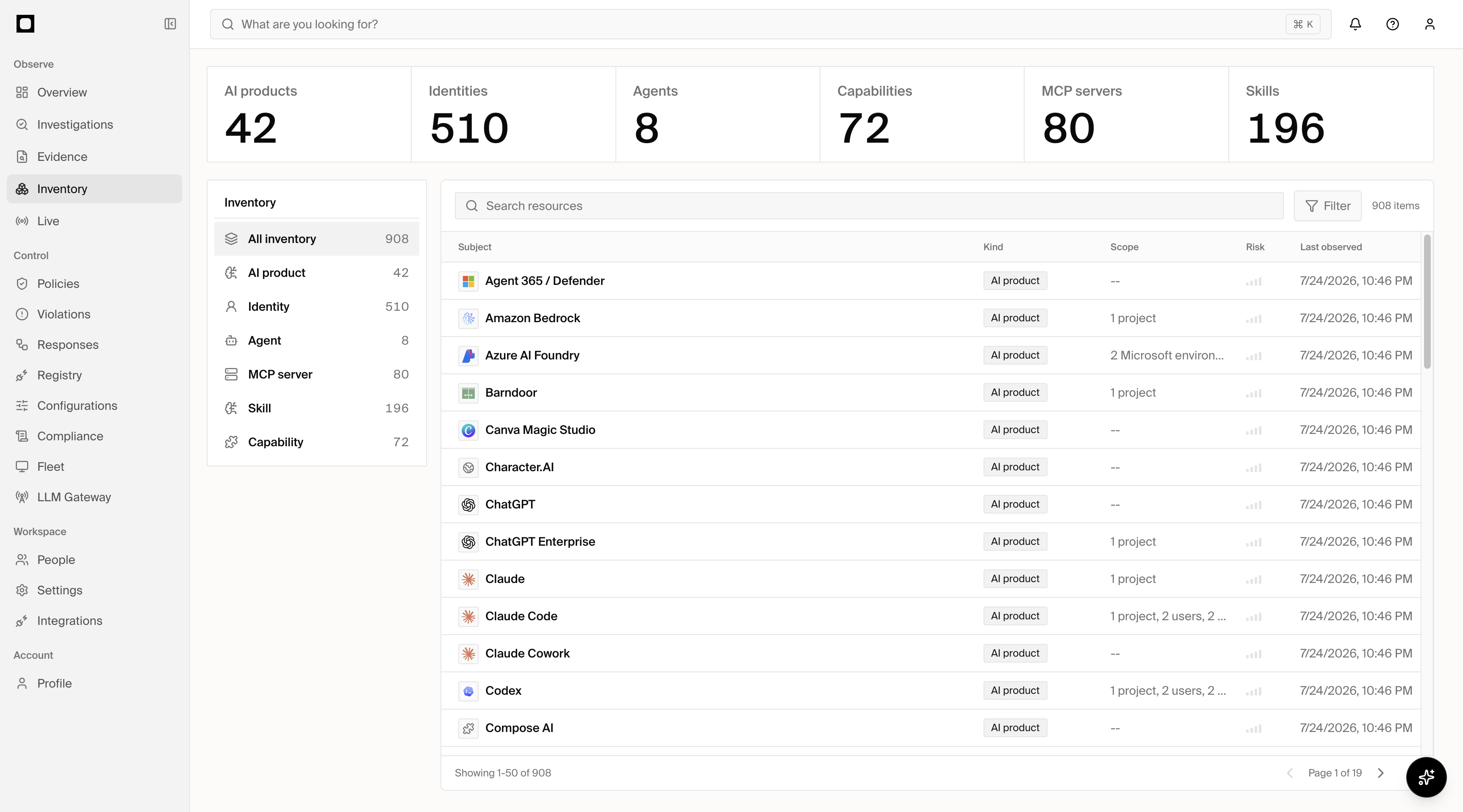 Forge inventory showing AI products, identities, agents, capabilities, MCP servers, and skills