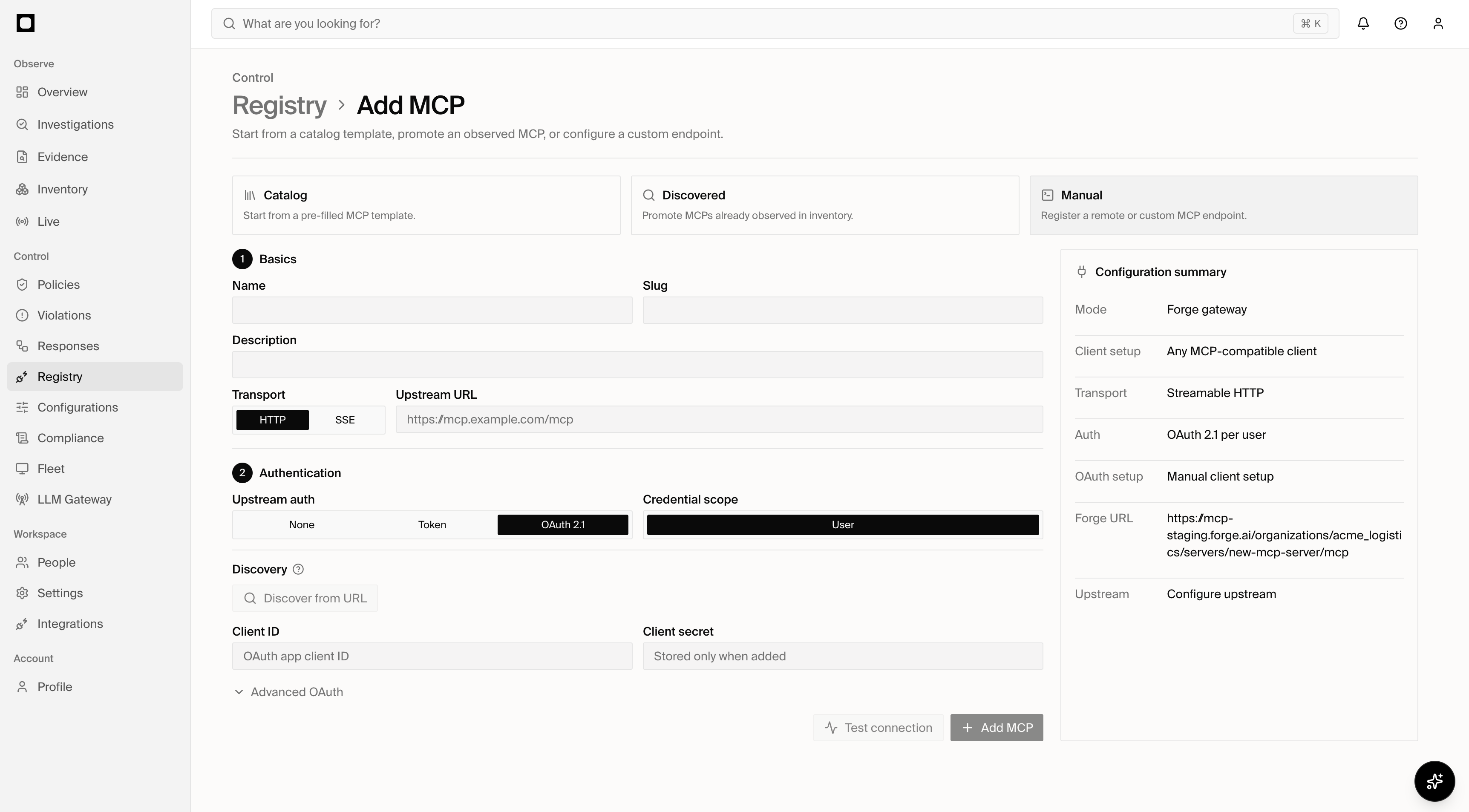 Forge MCP setup showing catalog, discovered and manual modes, transport, authentication, and gateway configuration