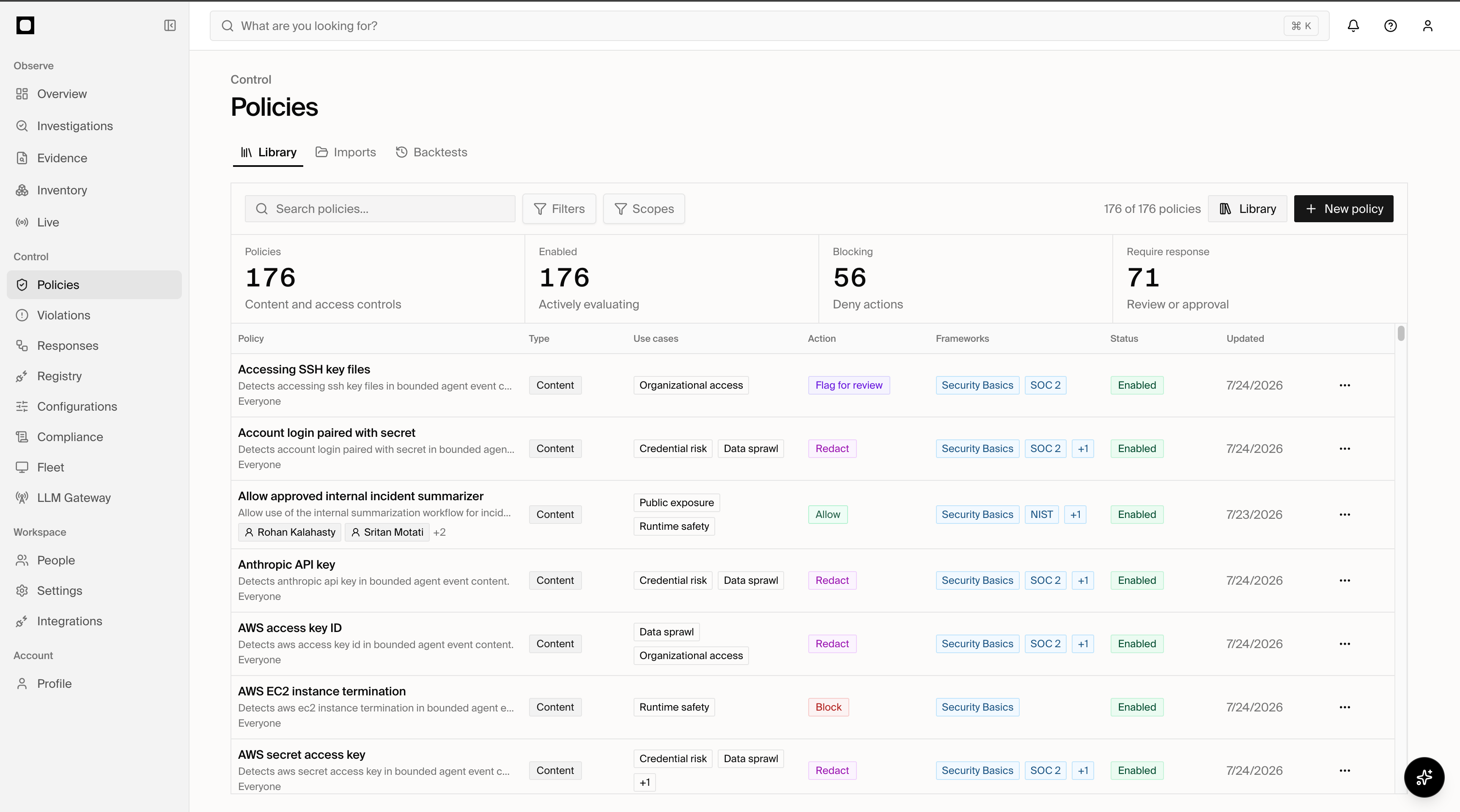 Forge policy library showing policy types, use cases, actions, frameworks, and status