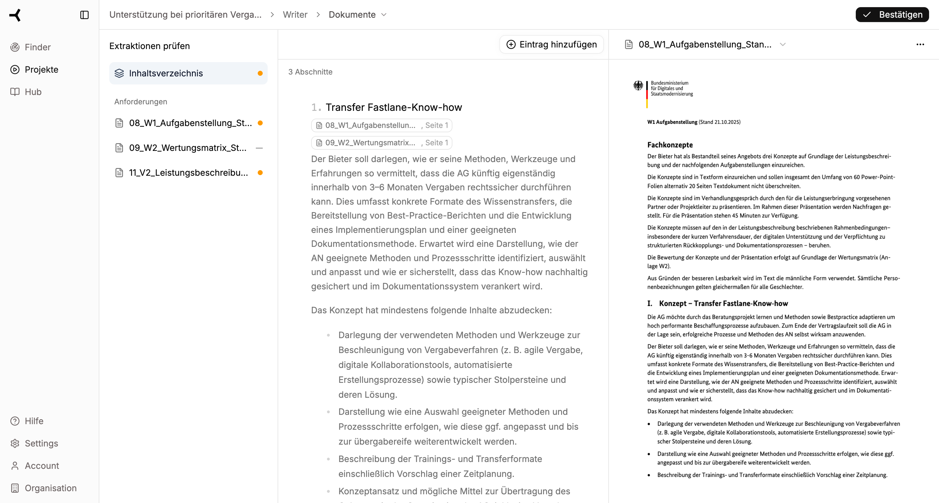 Dokumente-Ansicht mit drei Bereichen
