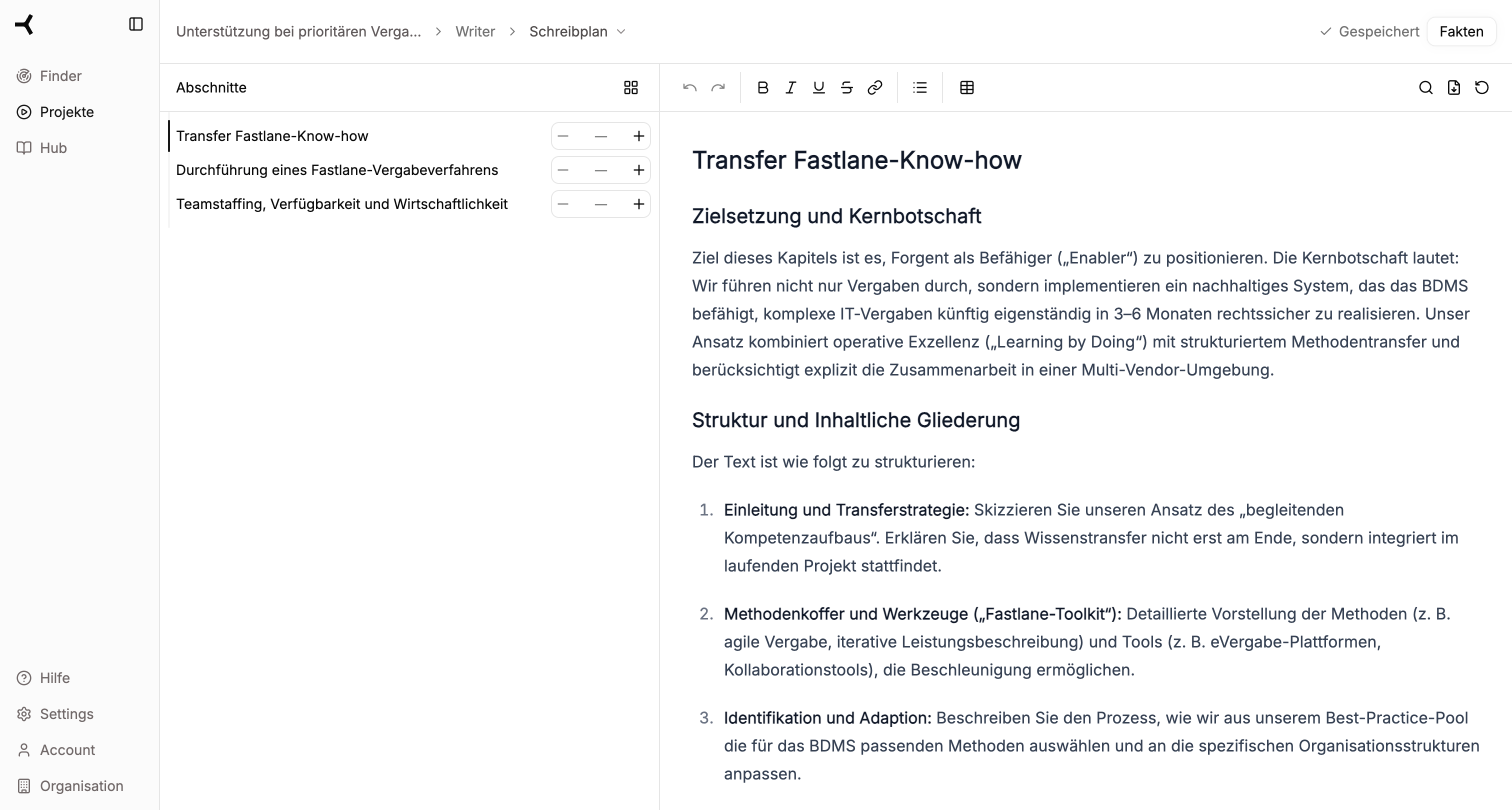 Writing plan view with chapter list and instructions