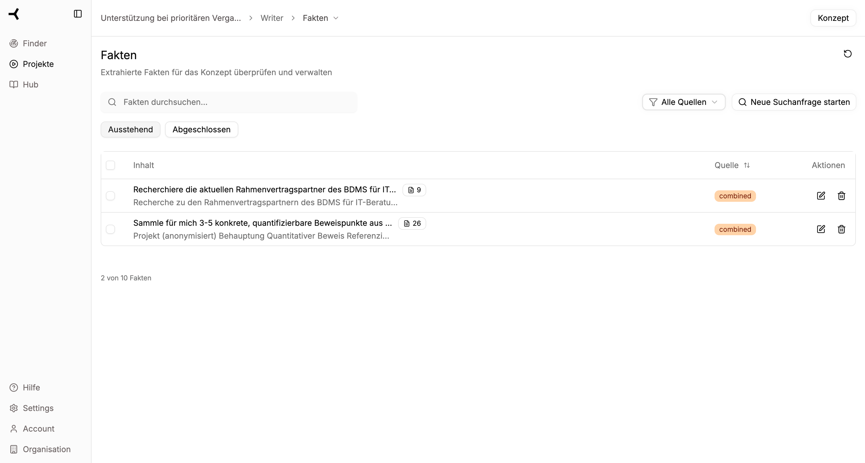 Facts view with research results