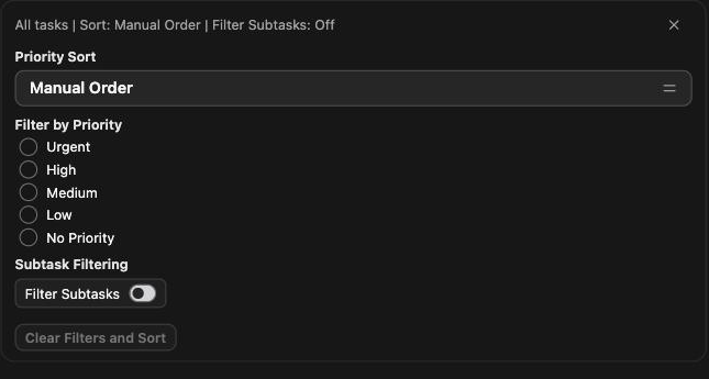 Sort and filter panel open above the tasks list